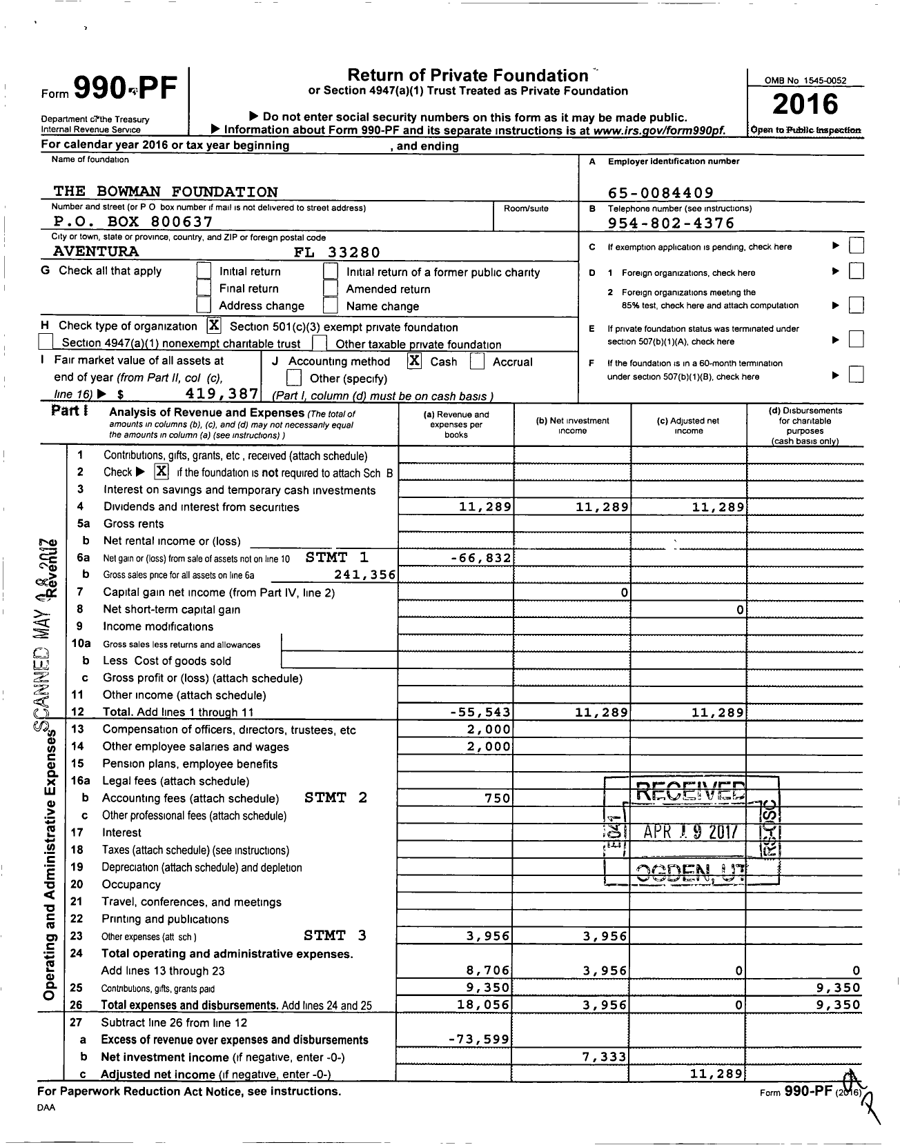 Image of first page of 2016 Form 990PF for The Bowman Foundation