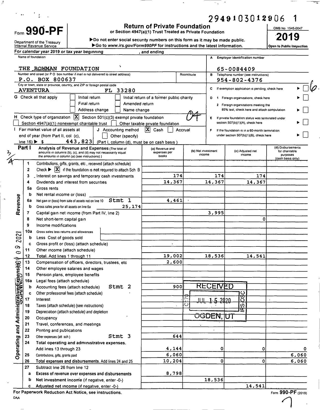 Image of first page of 2019 Form 990PF for The Bowman Foundation