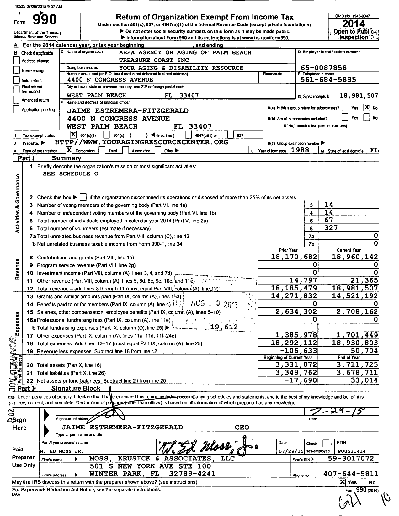 Image of first page of 2014 Form 990 for Your Aging and Disability Resource Center