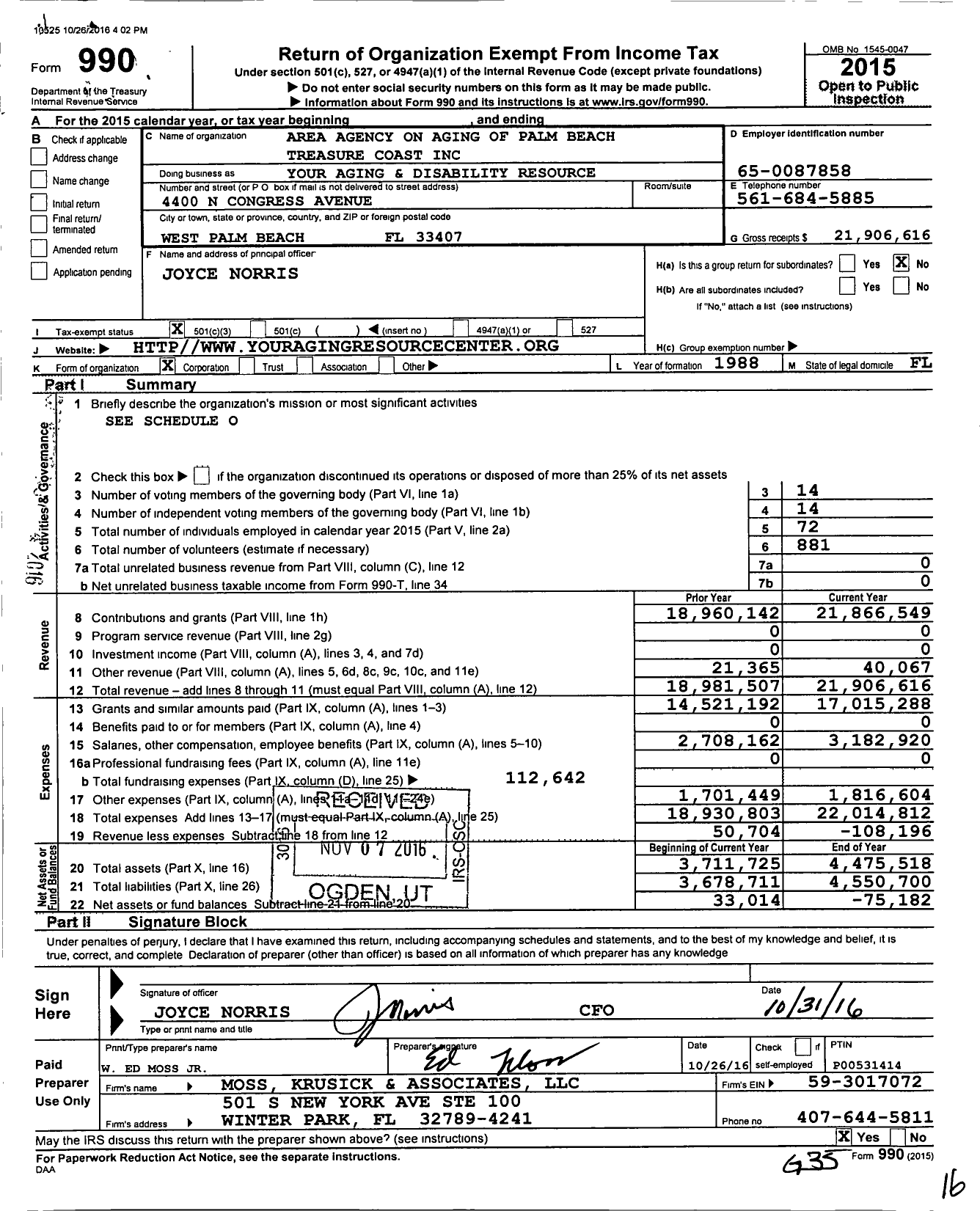 Image of first page of 2015 Form 990 for Your Aging and Disability Resource Center