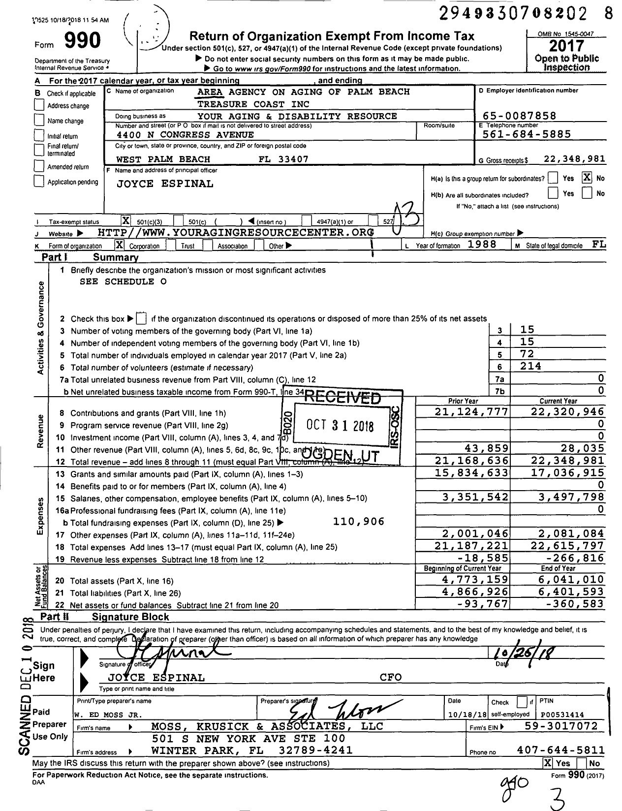 Image of first page of 2017 Form 990 for Your Aging and Disability Resource Center