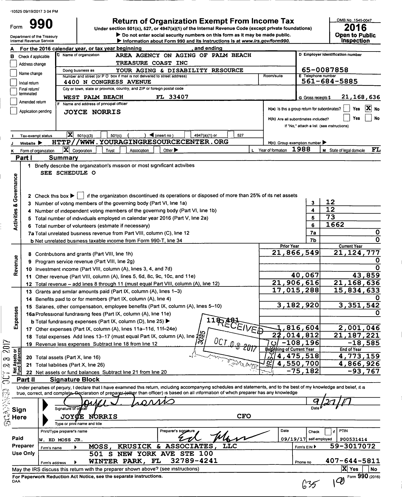 Image of first page of 2016 Form 990 for Your Aging and Disability Resource Center