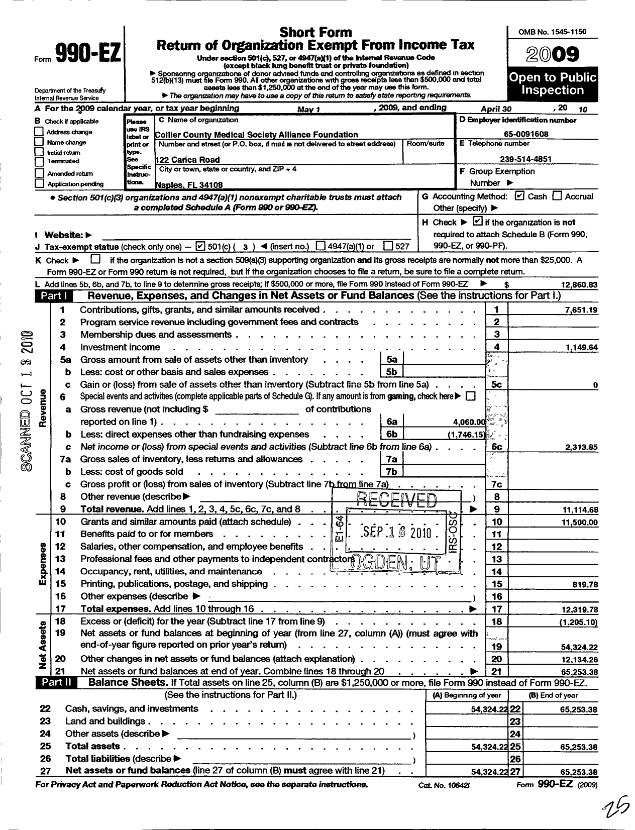 Image of first page of 2009 Form 990EZ for Collier County Medical Society Alliance Foundation