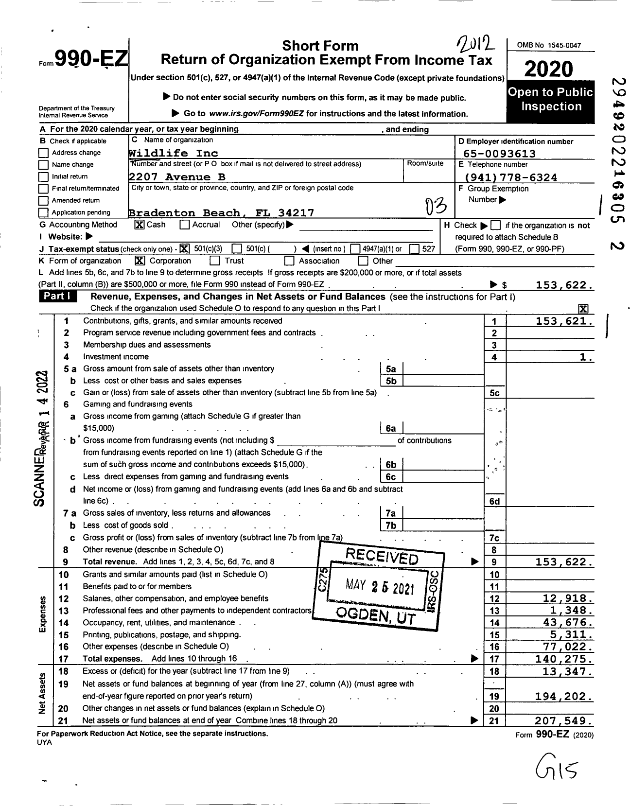 Image of first page of 2020 Form 990EZ for Wildlife