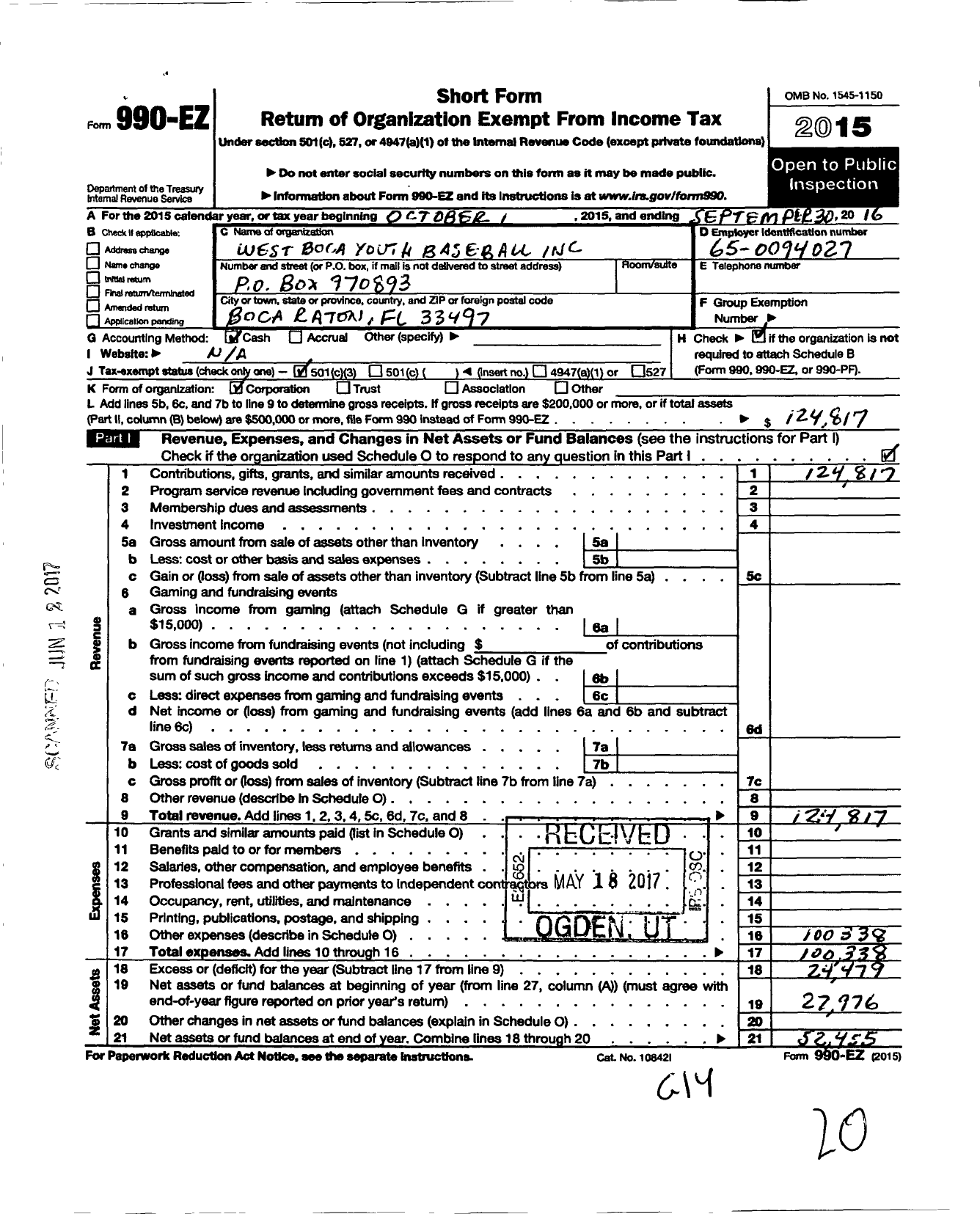 Image of first page of 2015 Form 990EZ for West Boca Youth Baseball