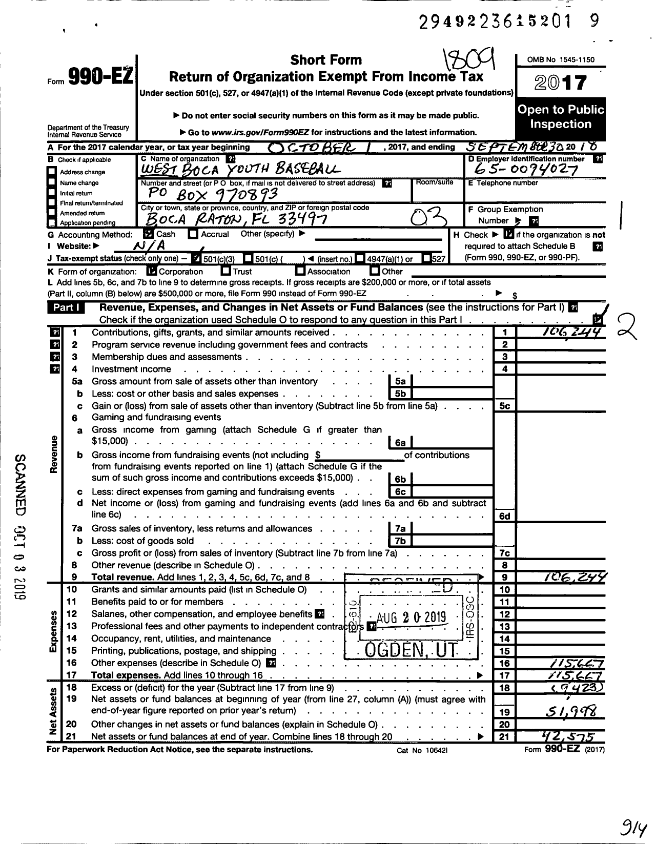 Image of first page of 2017 Form 990EZ for West Boca Youth Baseball