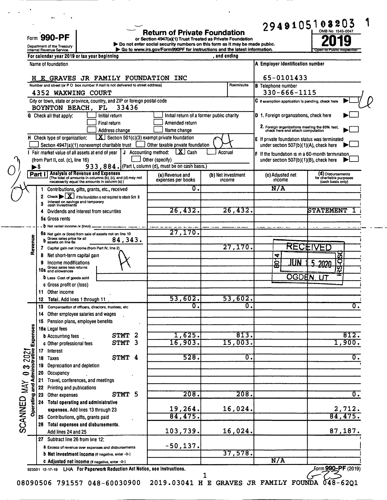 Image of first page of 2019 Form 990PF for H E Graves JR Family Foundation