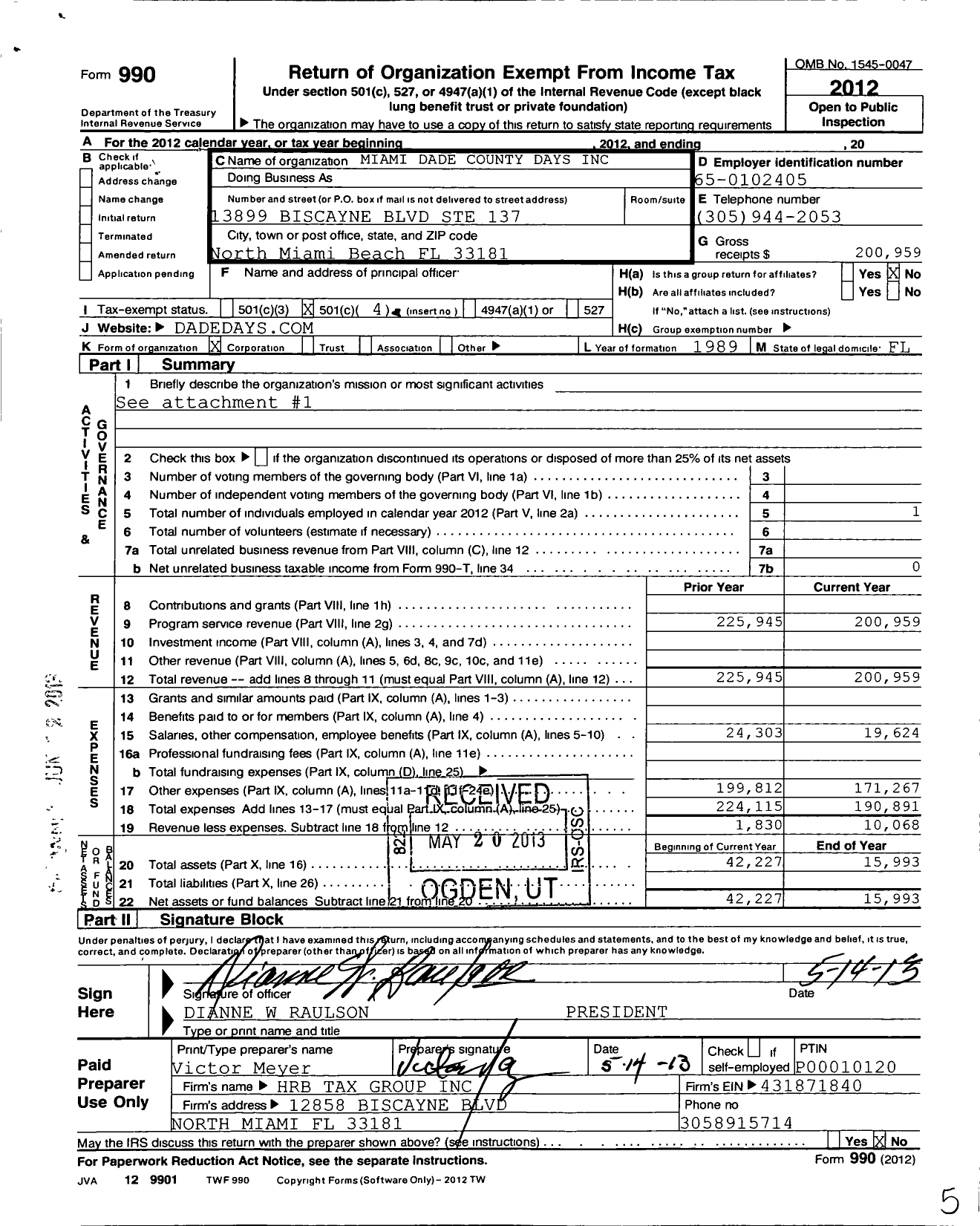 Image of first page of 2012 Form 990O for Miami Dade County Days