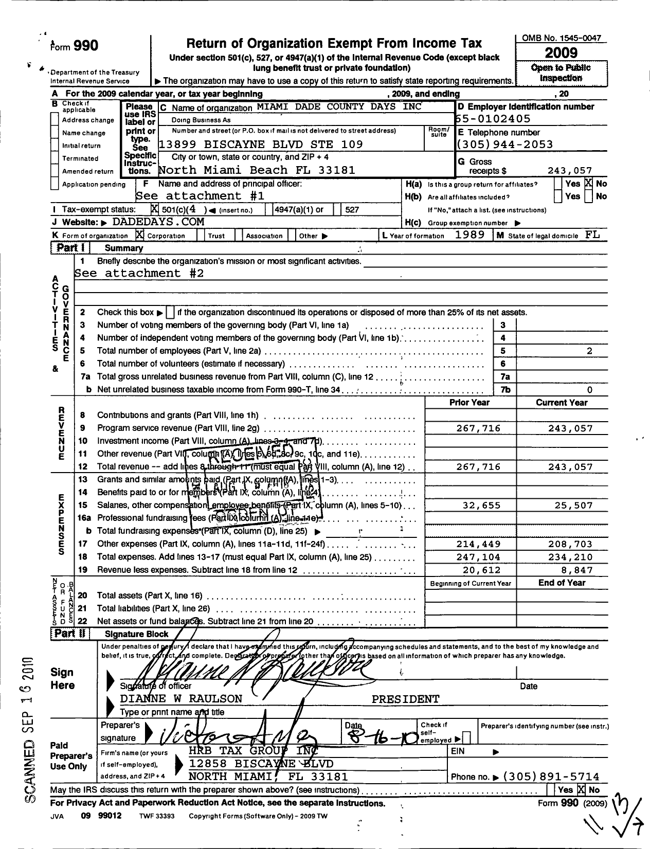 Image of first page of 2009 Form 990O for Miami Dade County Days