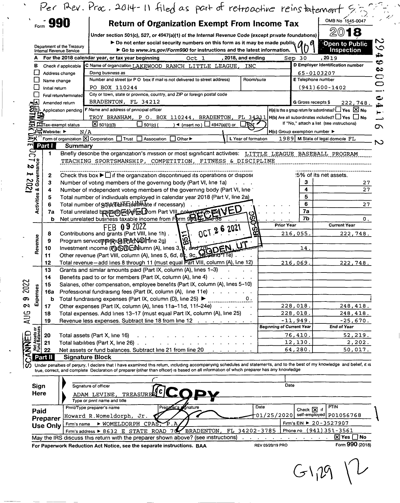 Image of first page of 2018 Form 990 for Lakewood Ranch Little League