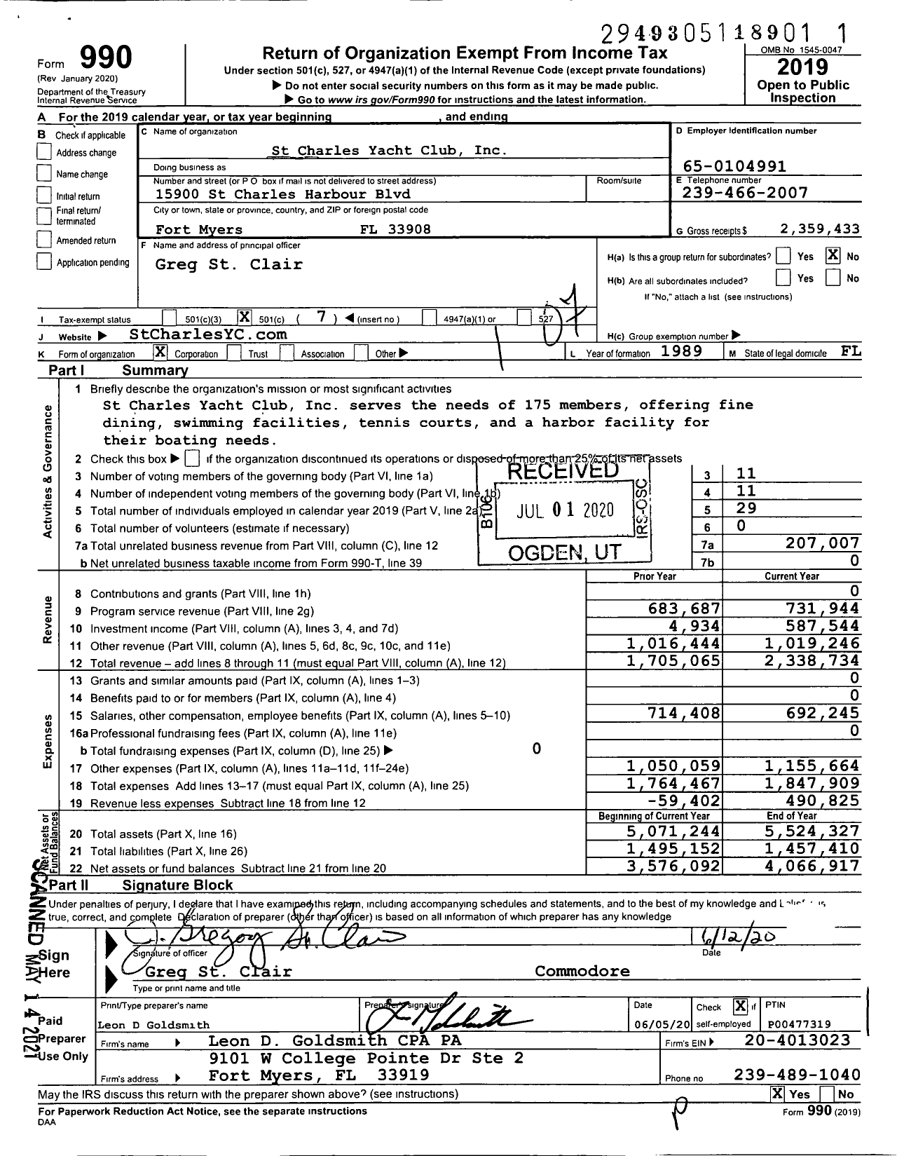 Image of first page of 2019 Form 990O for St Charles Yacht Club