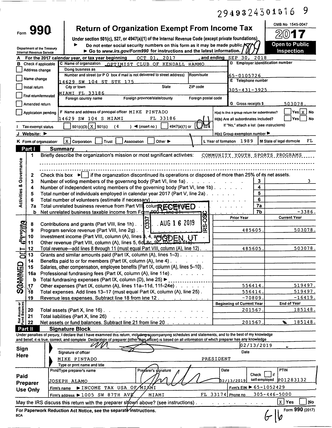 Image of first page of 2017 Form 990O for Optimist International - 61220 Opti Club of Hammocks-Kendall