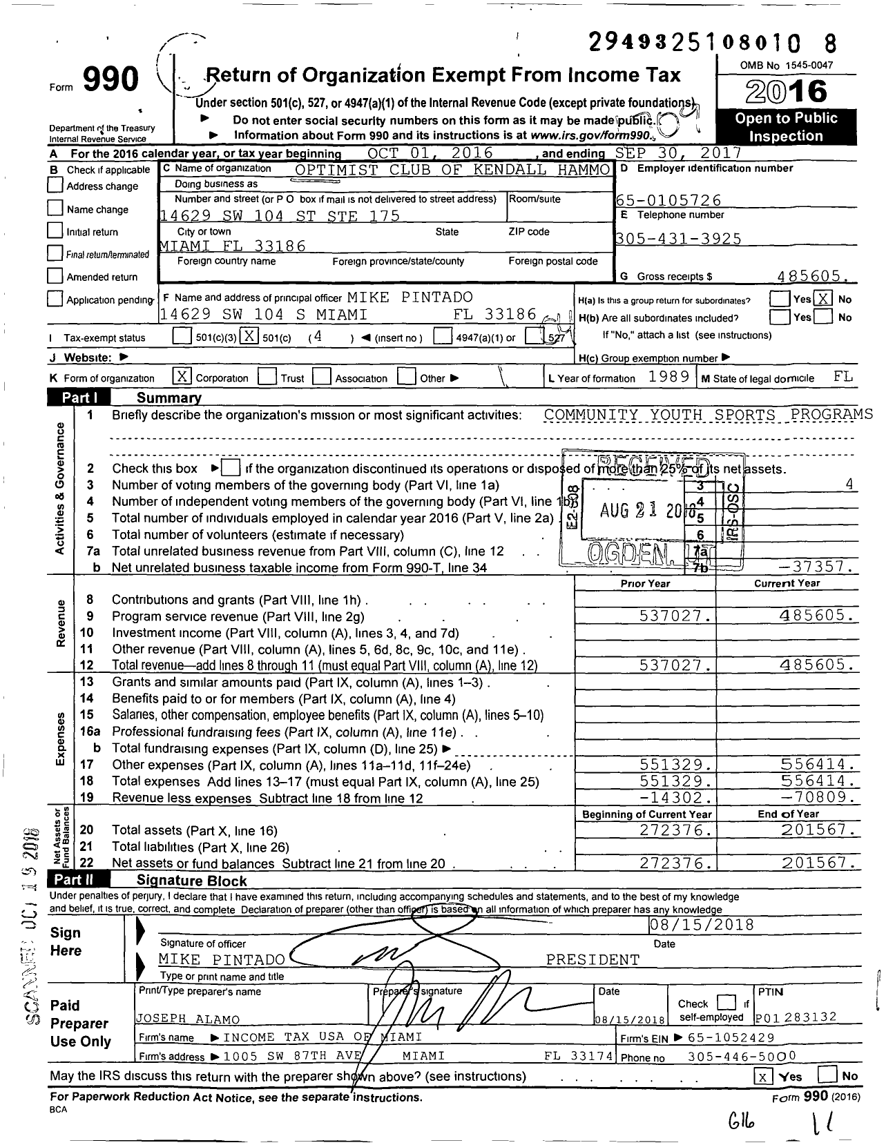 Image of first page of 2016 Form 990O for Optimist International - 61220 Opti Club of Hammocks-Kendall