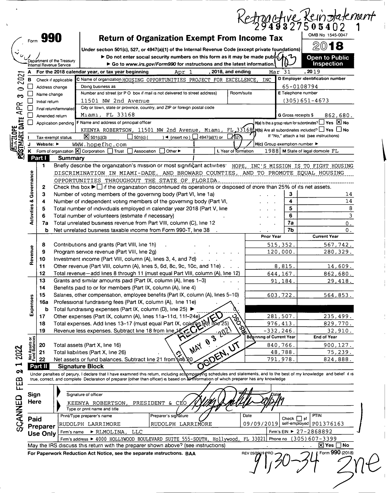 Image of first page of 2018 Form 990 for Housing Opportunities Project for Excellence (HOPE)