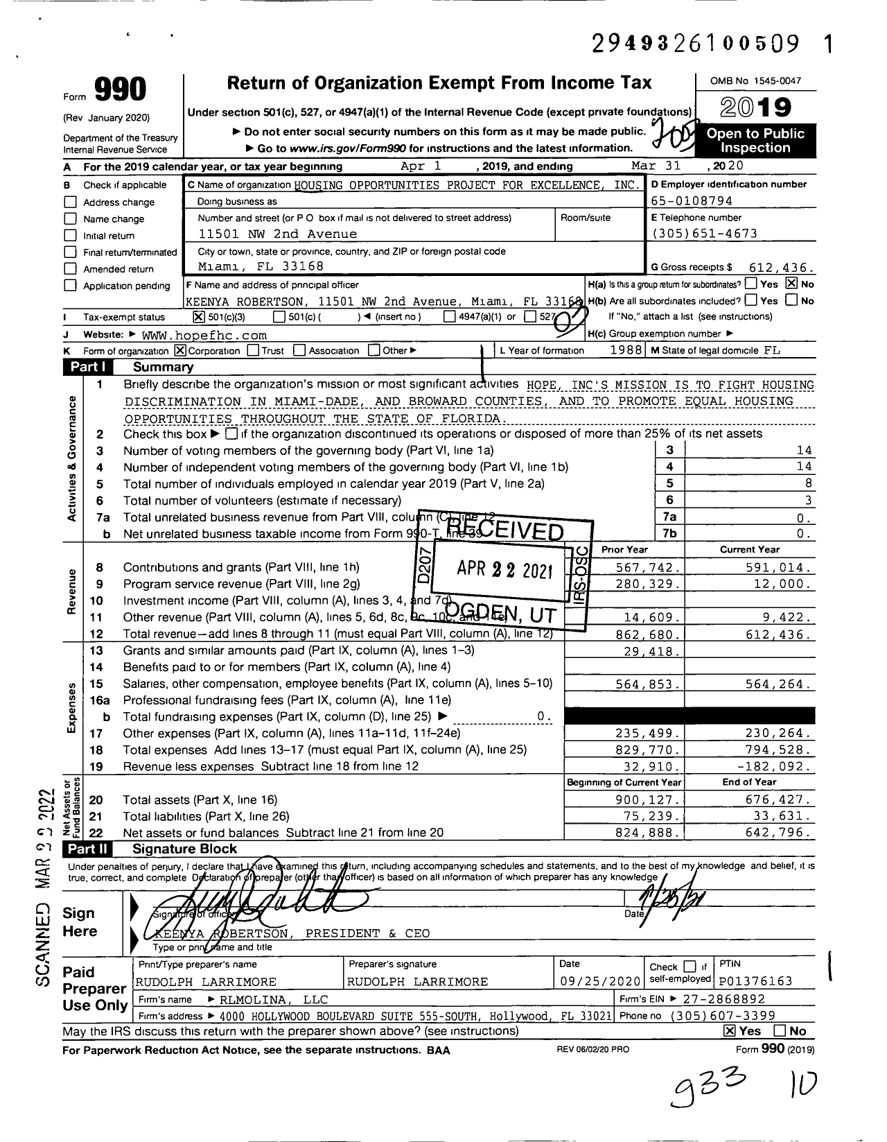 Image of first page of 2019 Form 990 for Housing Opportunities Project for Excellence (HOPE)