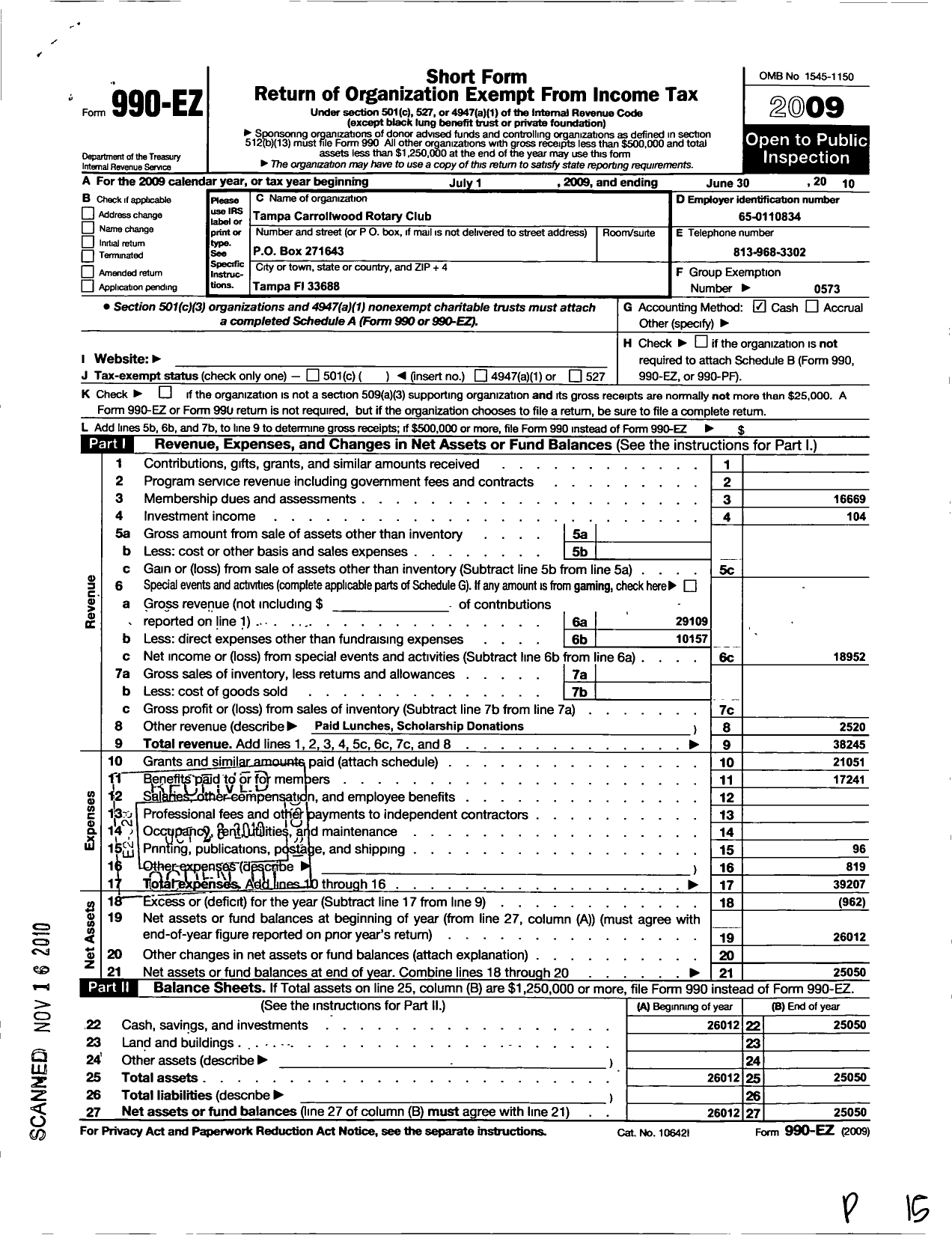 Image of first page of 2009 Form 990EO for Rotary International - Tampa Carrollwood Rotary Club