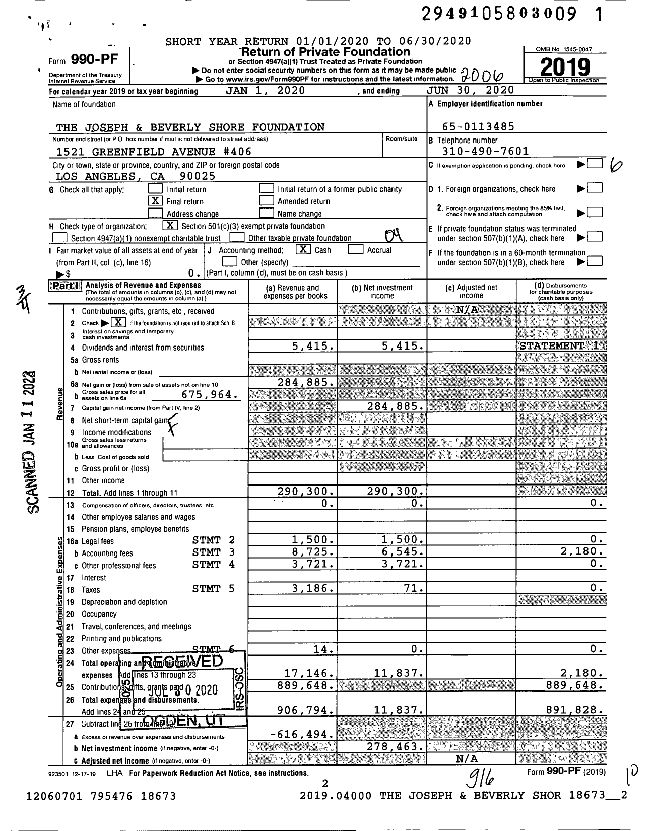 Image of first page of 2019 Form 990PF for The Joseph and Beverly Shore Foundation
