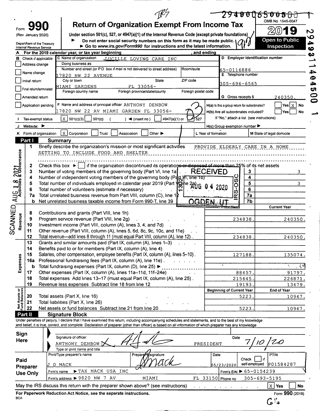 Image of first page of 2019 Form 990 for Lucilles Loving Care