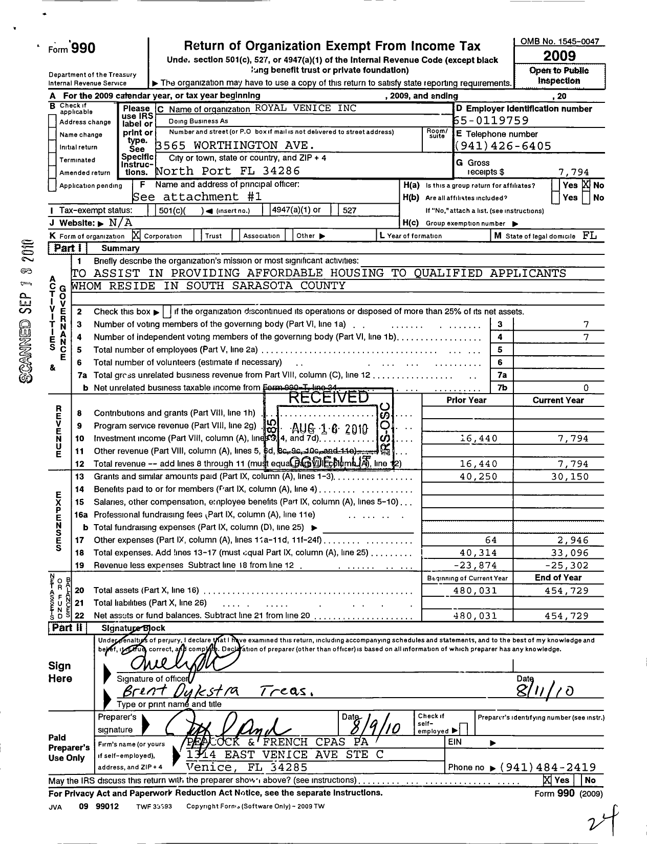 Image of first page of 2009 Form 990O for Royal Venice