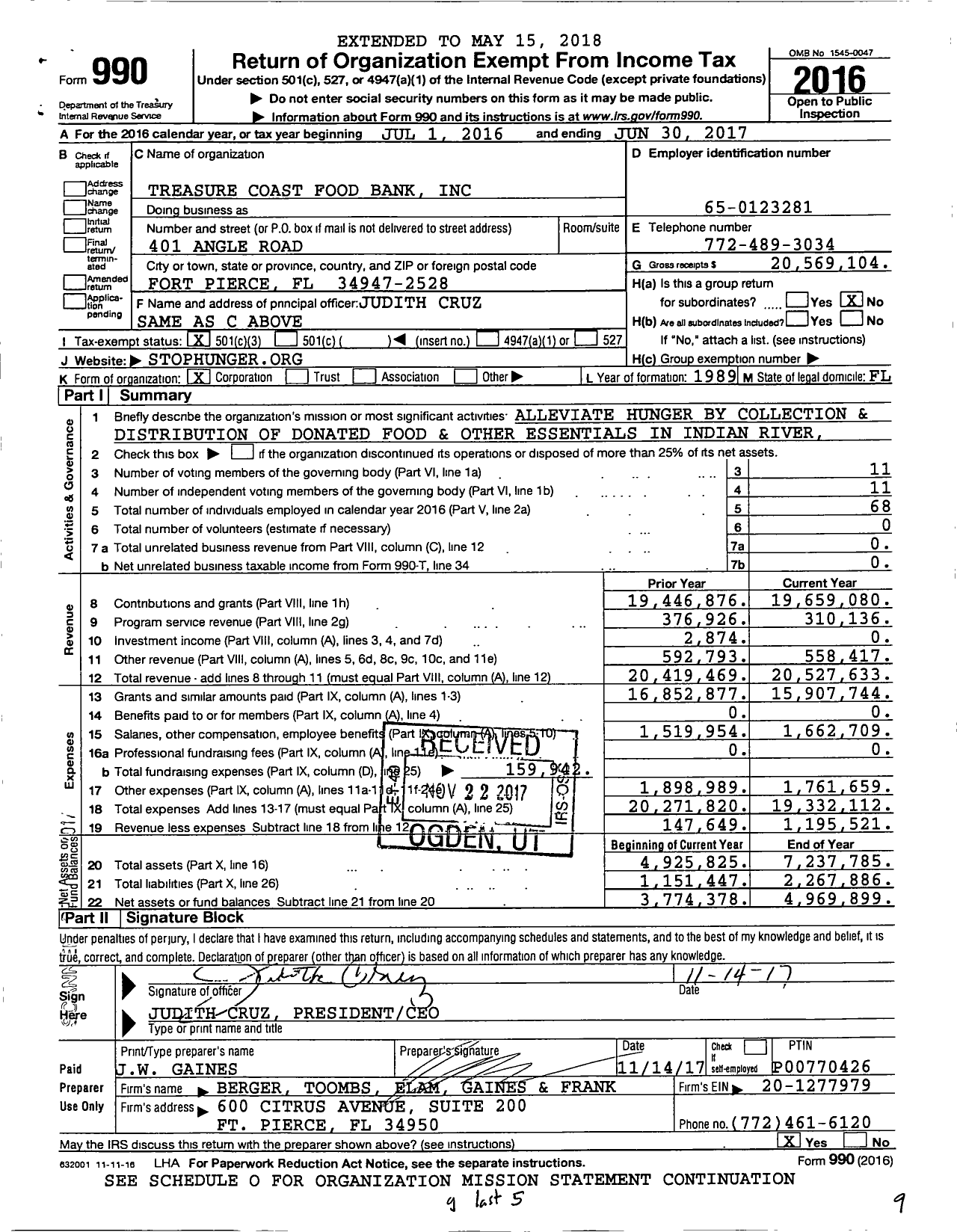 Image of first page of 2016 Form 990 for Treasure Coast Food Bank (TCFB)