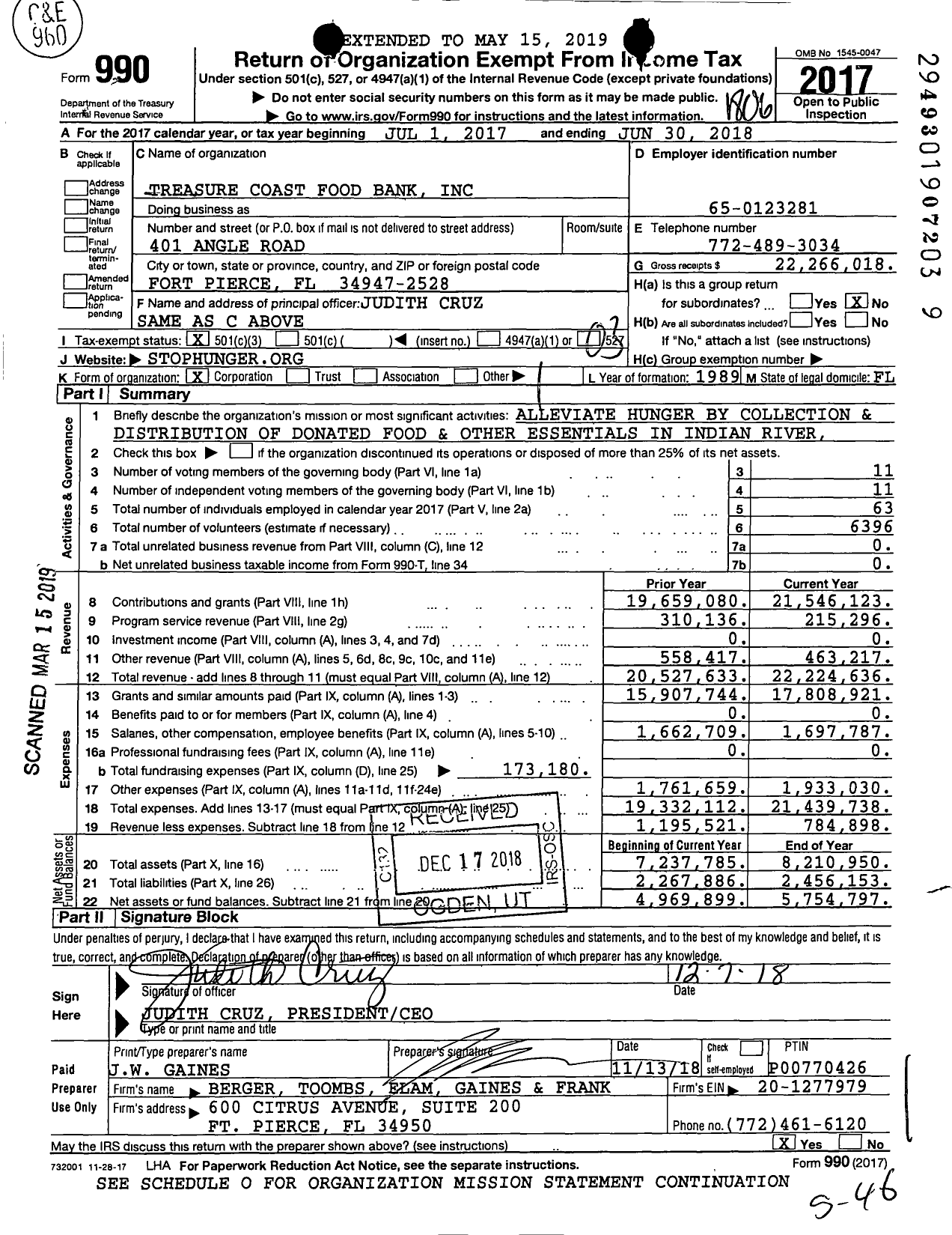 Image of first page of 2017 Form 990 for Treasure Coast Food Bank (TCFB)