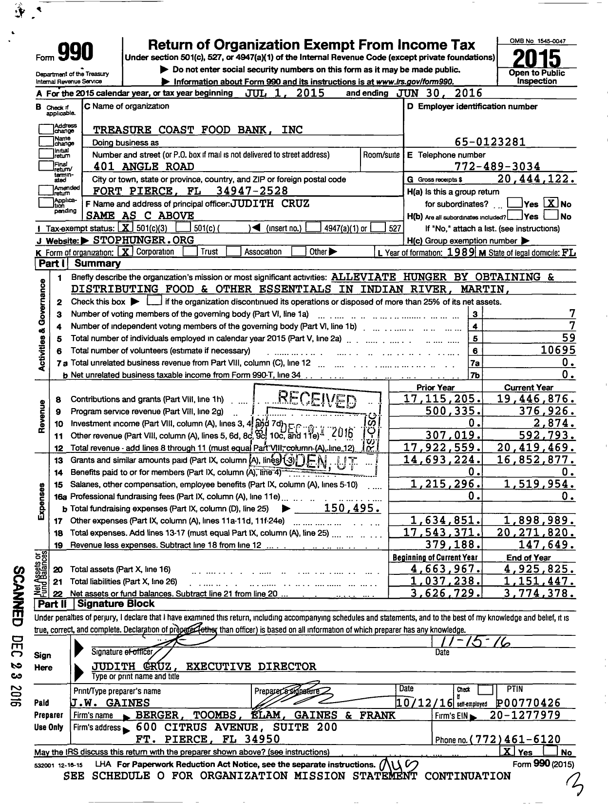 Image of first page of 2015 Form 990 for Treasure Coast Food Bank (TCFB)