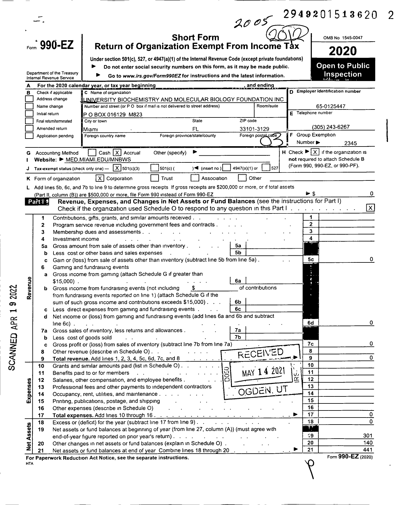 Image of first page of 2019 Form 990EZ for University Biochemistry and Molecular Biology Foundation