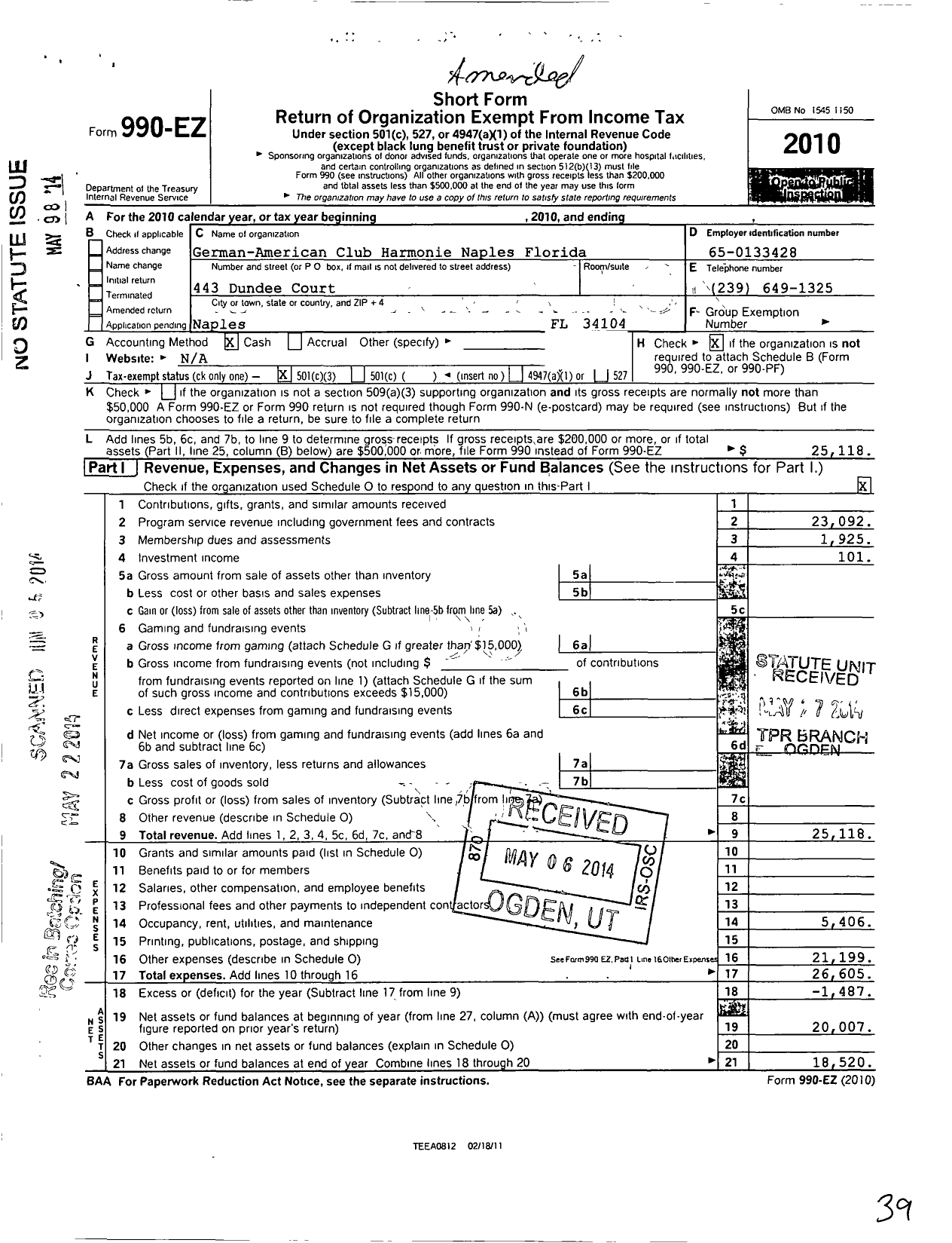Image of first page of 2010 Form 990EZ for German-American Club Harmonie Naples Florida