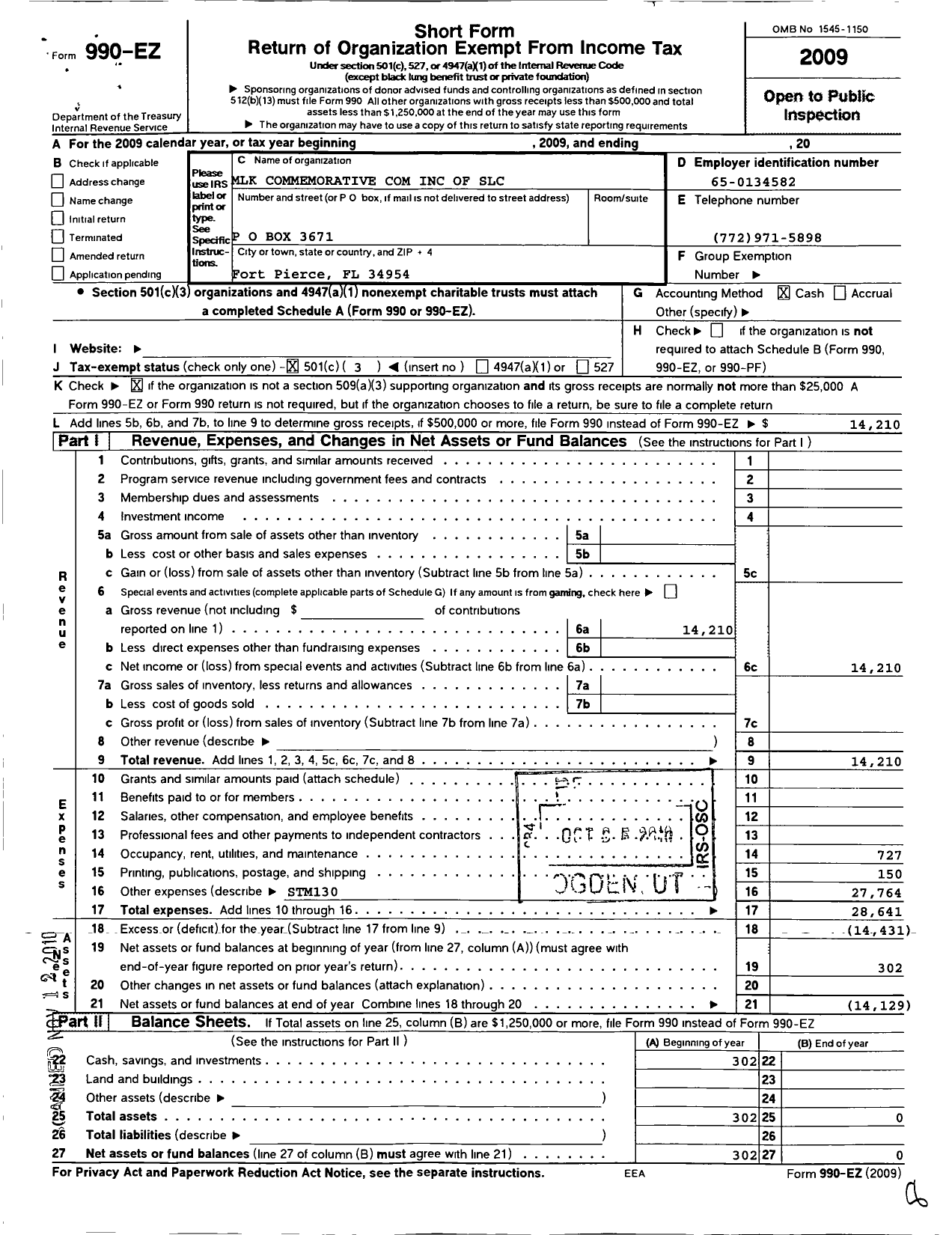 Image of first page of 2009 Form 990EZ for Martin Luther King Jr Commem Commit of SLC