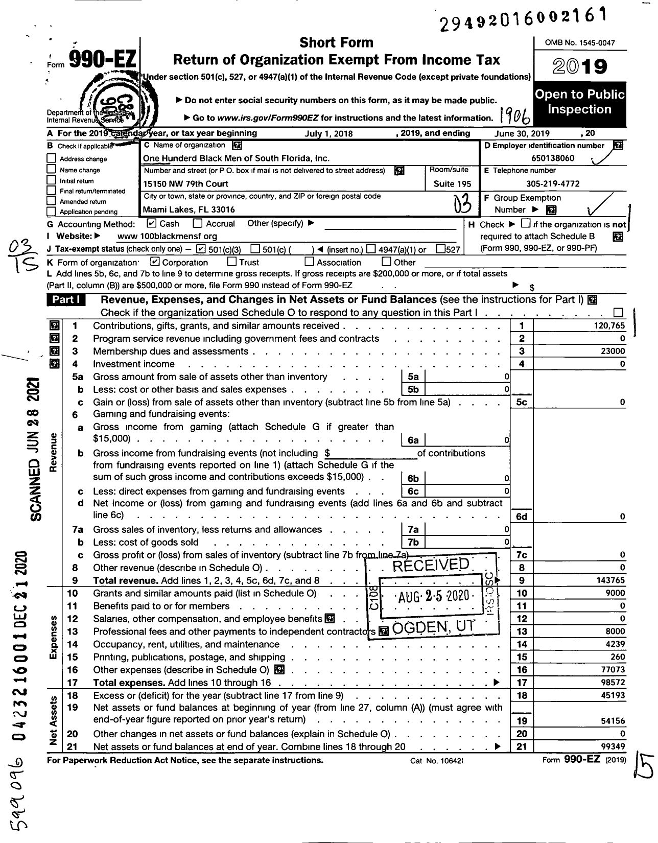 Image of first page of 2018 Form 990EZ for One Hundred Black Men of South Florida