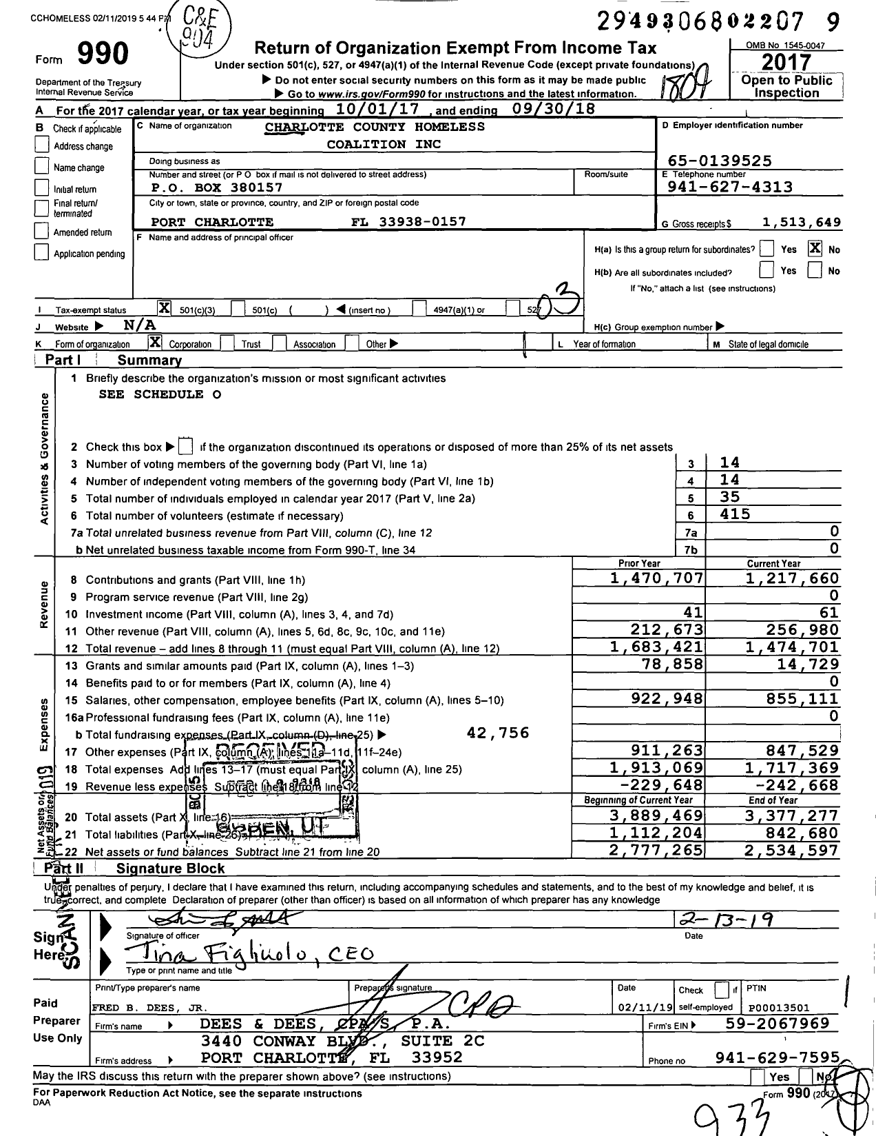 Image of first page of 2017 Form 990 for Charlotte County Homeless Coalition
