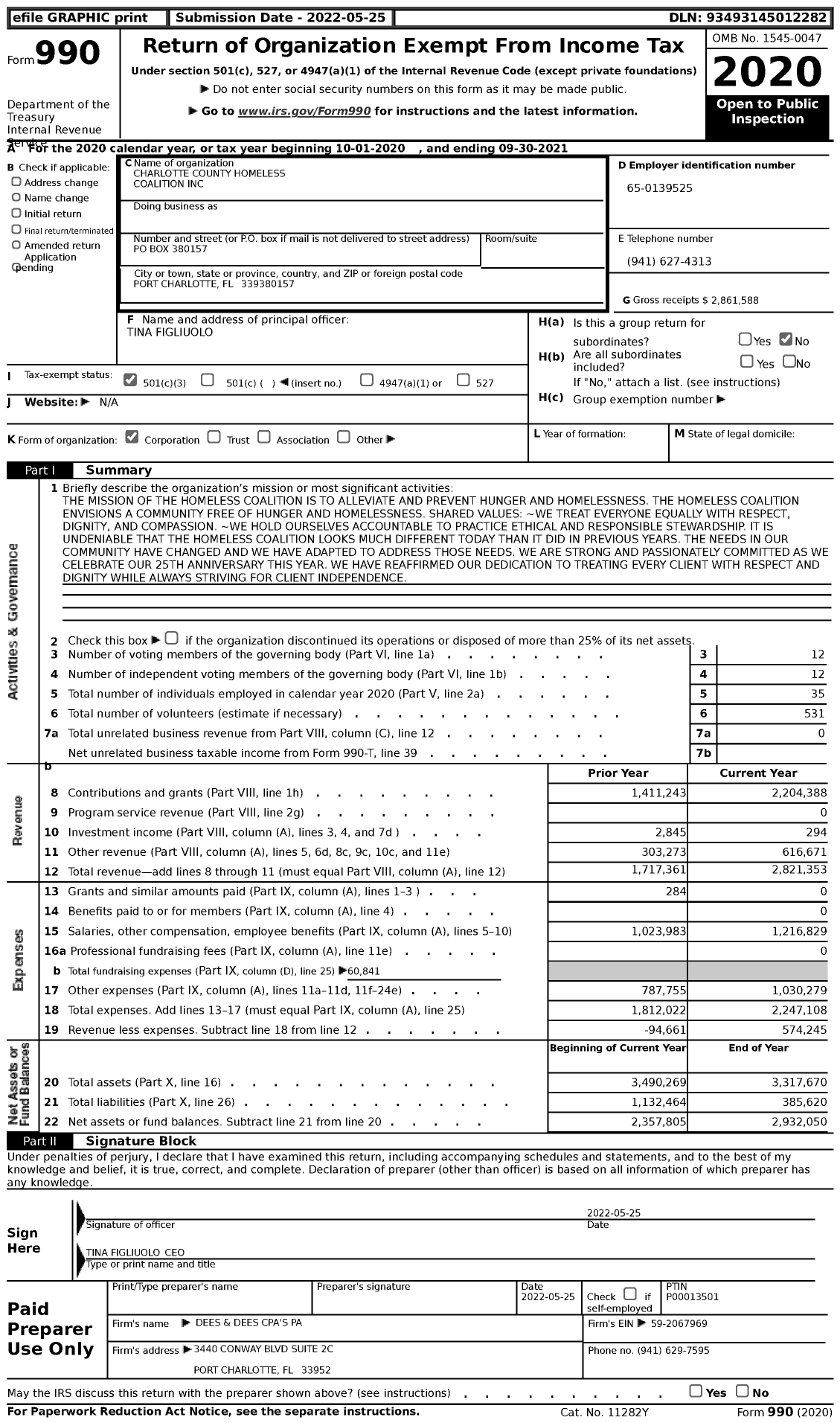 Image of first page of 2020 Form 990 for Charlotte County Homeless Coalition