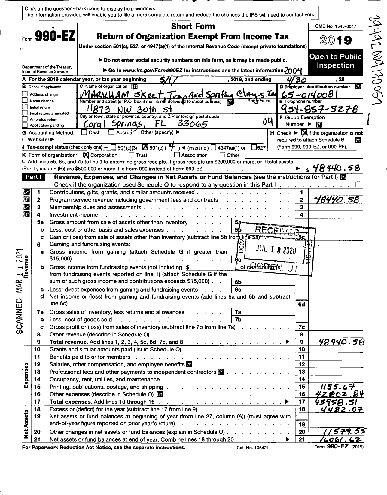 Image of first page of 2019 Form 990EO for Markham Skeet and Trap Club