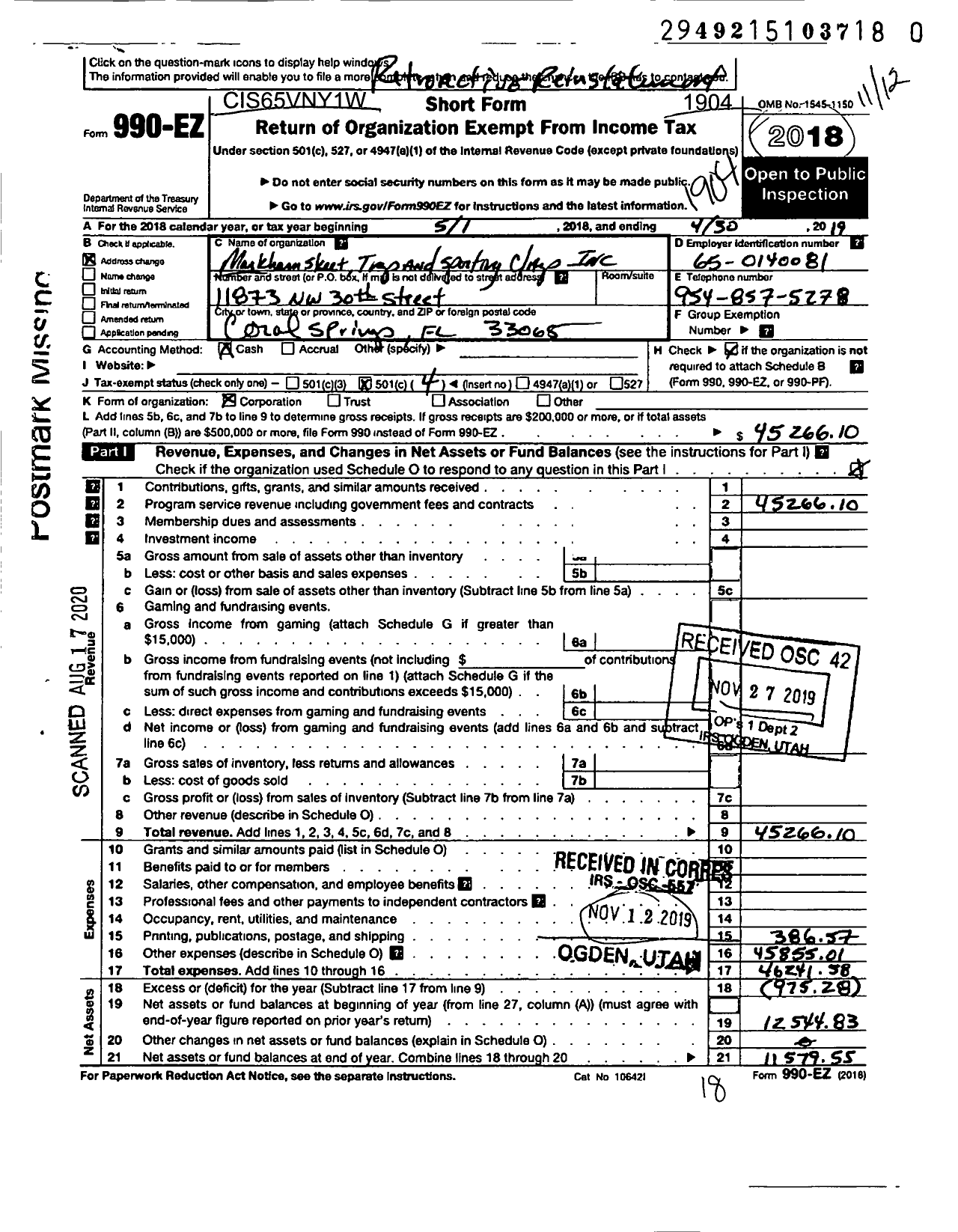 Image of first page of 2018 Form 990EO for Markham Skeet and Trap Club