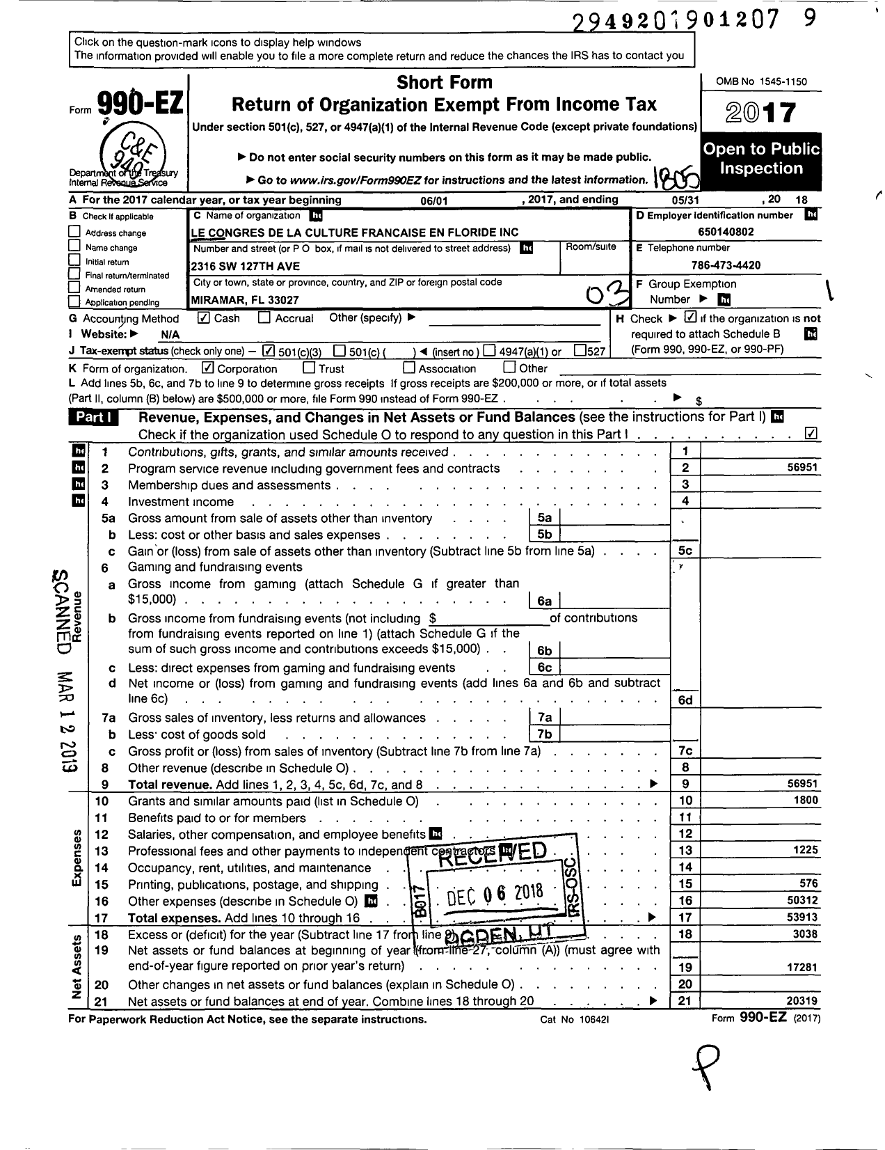 Image of first page of 2017 Form 990EZ for Le Congres de La Culture Francaise En Floride