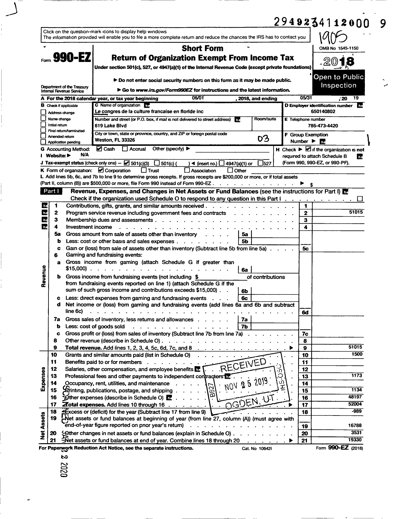 Image of first page of 2018 Form 990EZ for Le Congres de La Culture Francaise En Floride