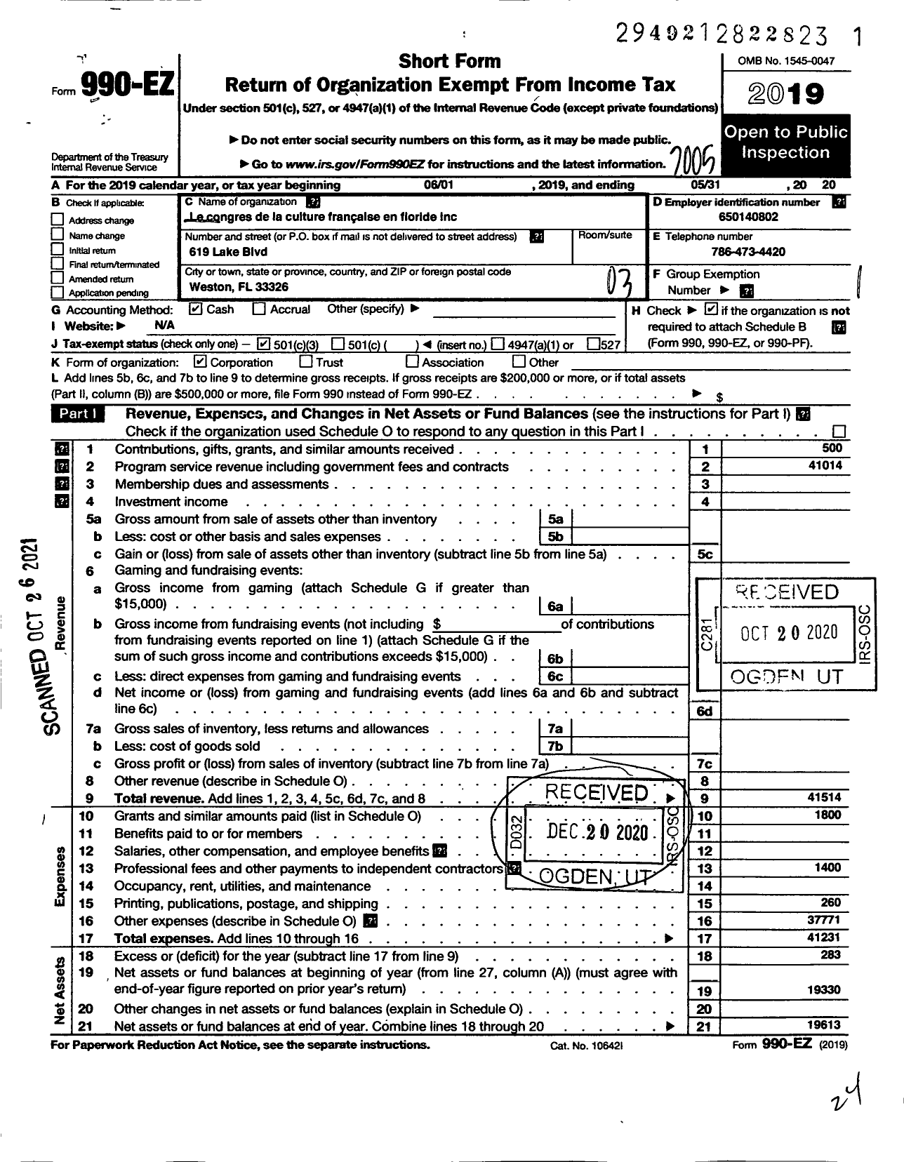 Image of first page of 2019 Form 990EZ for Le Congres de La Culture Francaise En Floride