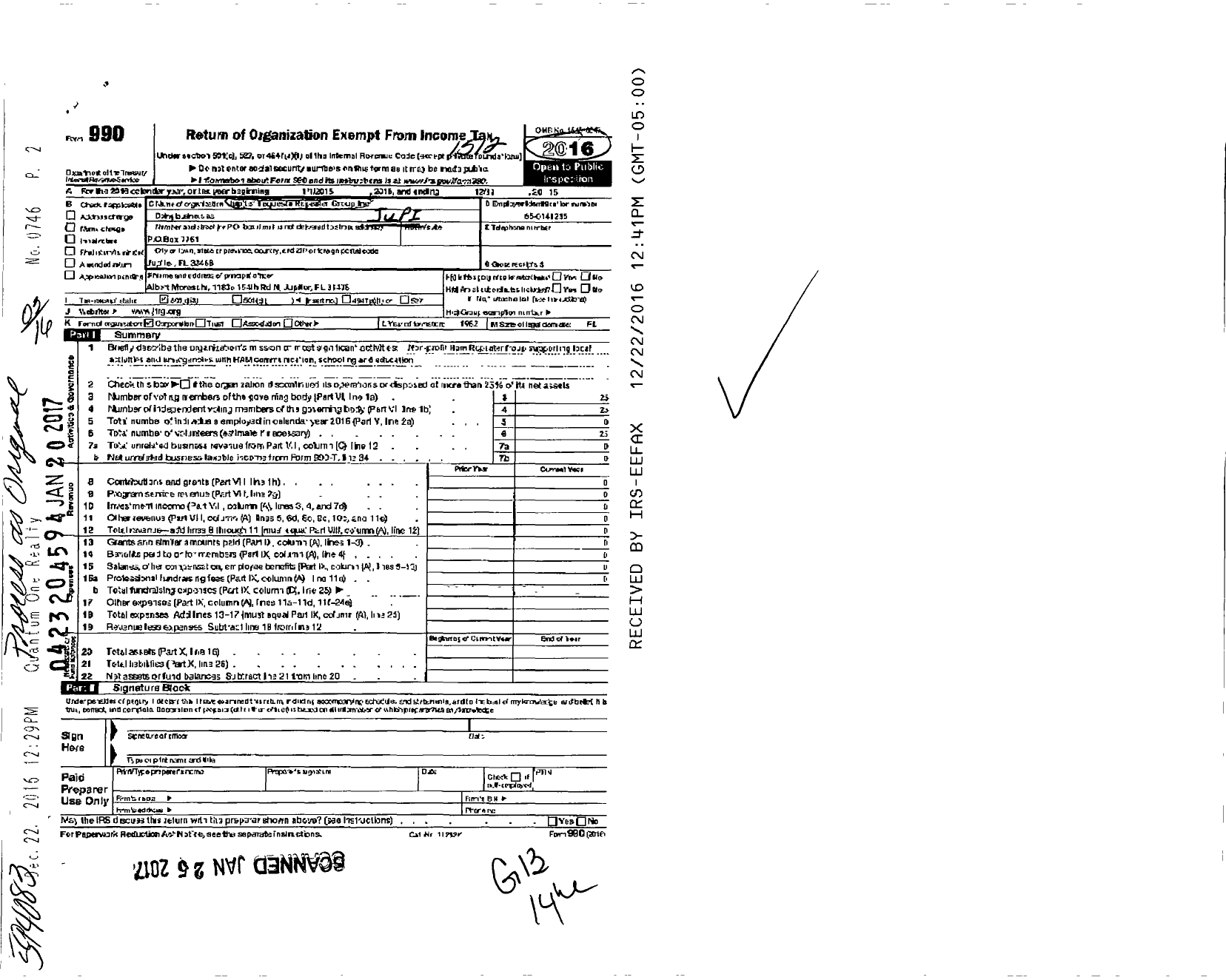 Image of first page of 2015 Form 990 for Jupiter-Tequesta Repeater Group