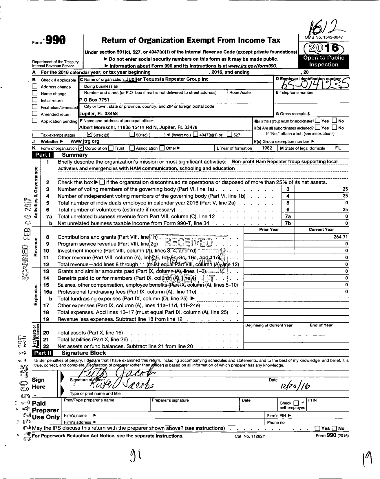 Image of first page of 2016 Form 990 for Jupiter-Tequesta Repeater Group