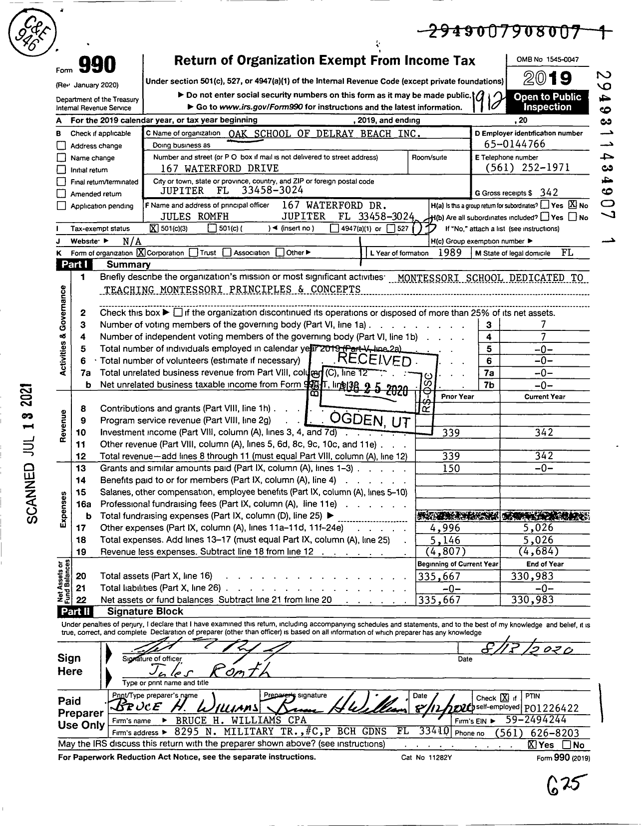 Image of first page of 2019 Form 990 for Oak School of Delray Beach