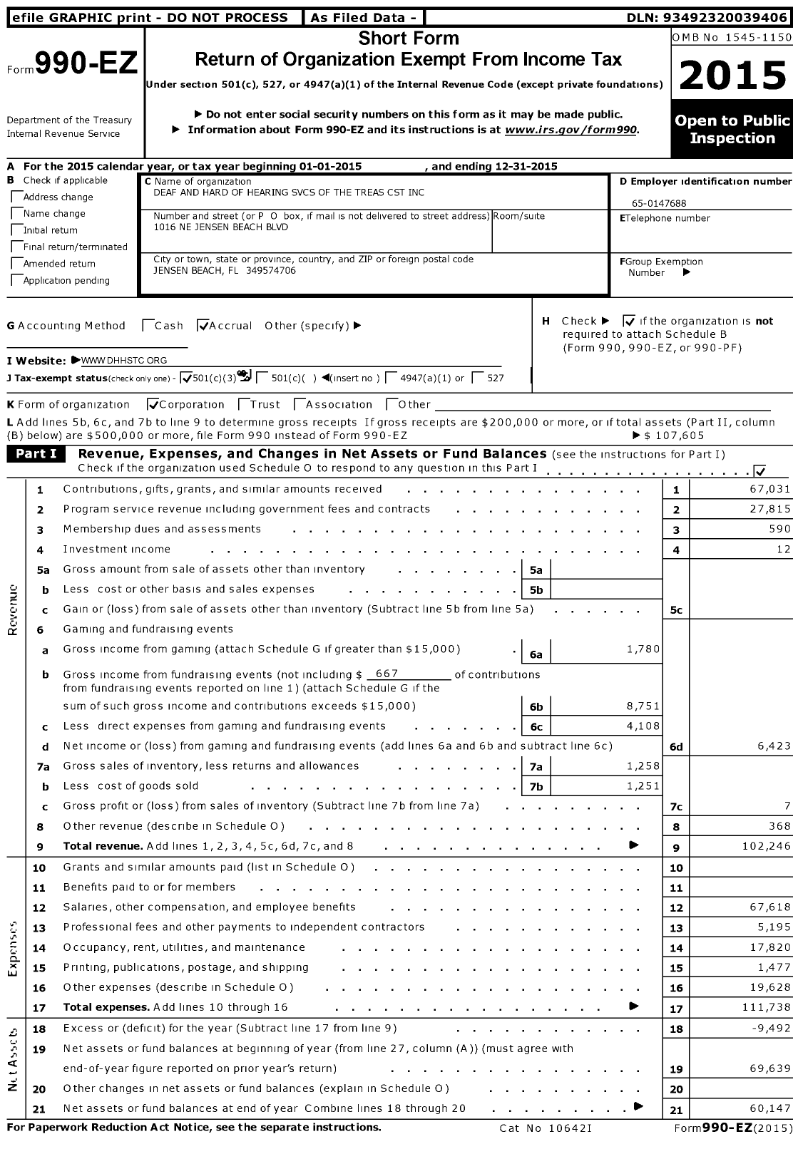 Image of first page of 2015 Form 990EZ for Deaf and Hard of Hearing SVCS of the Treas CST