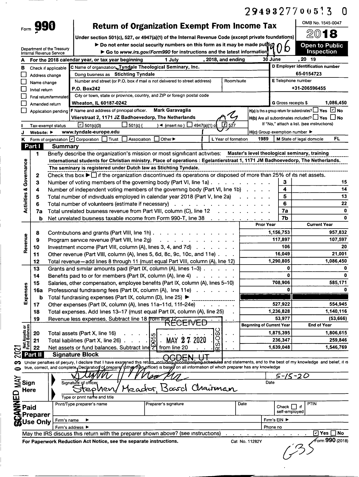 Image of first page of 2018 Form 990 for Stichting Tyndale