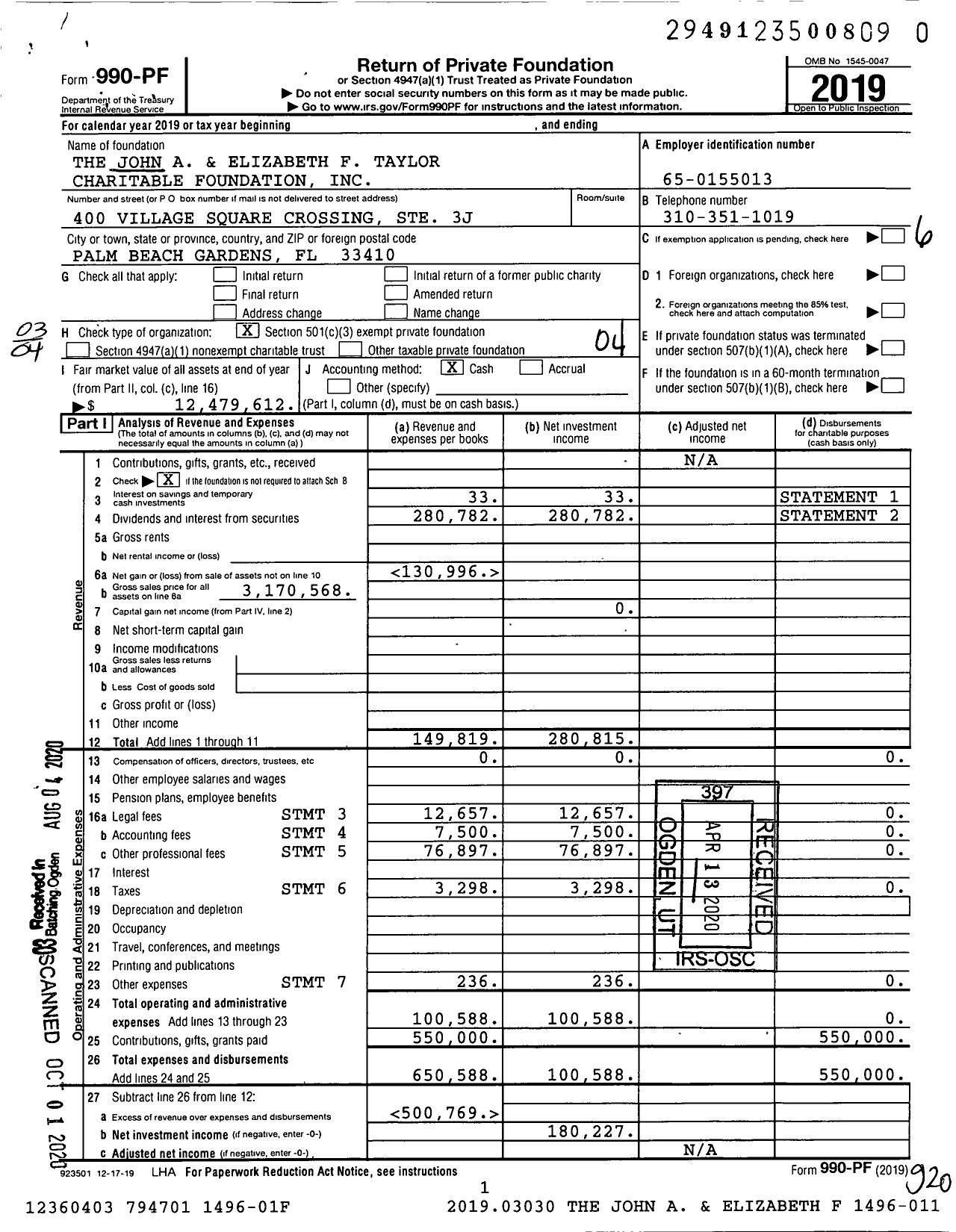 Image of first page of 2019 Form 990PR for The John A and Elizabeth F Taylor Charitable Foundation