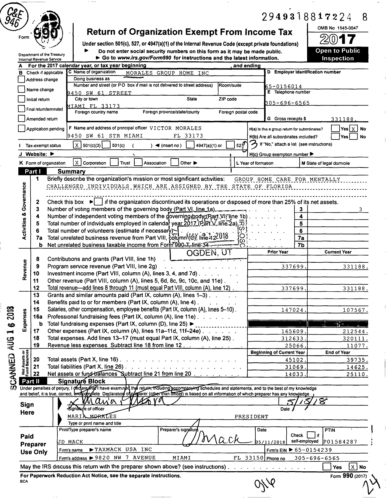 Image of first page of 2017 Form 990 for Morales Group Home