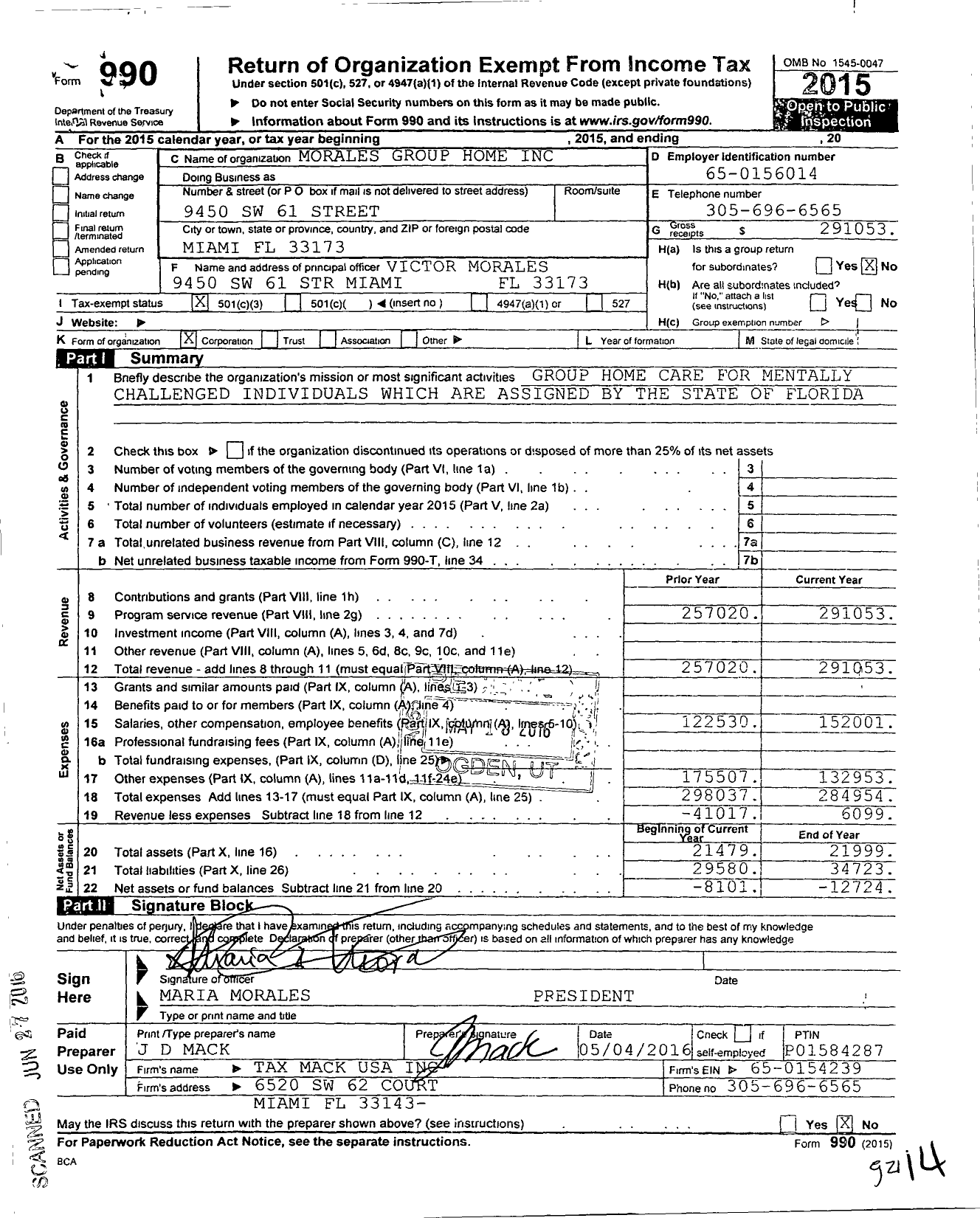 Image of first page of 2015 Form 990 for Morales Group Home