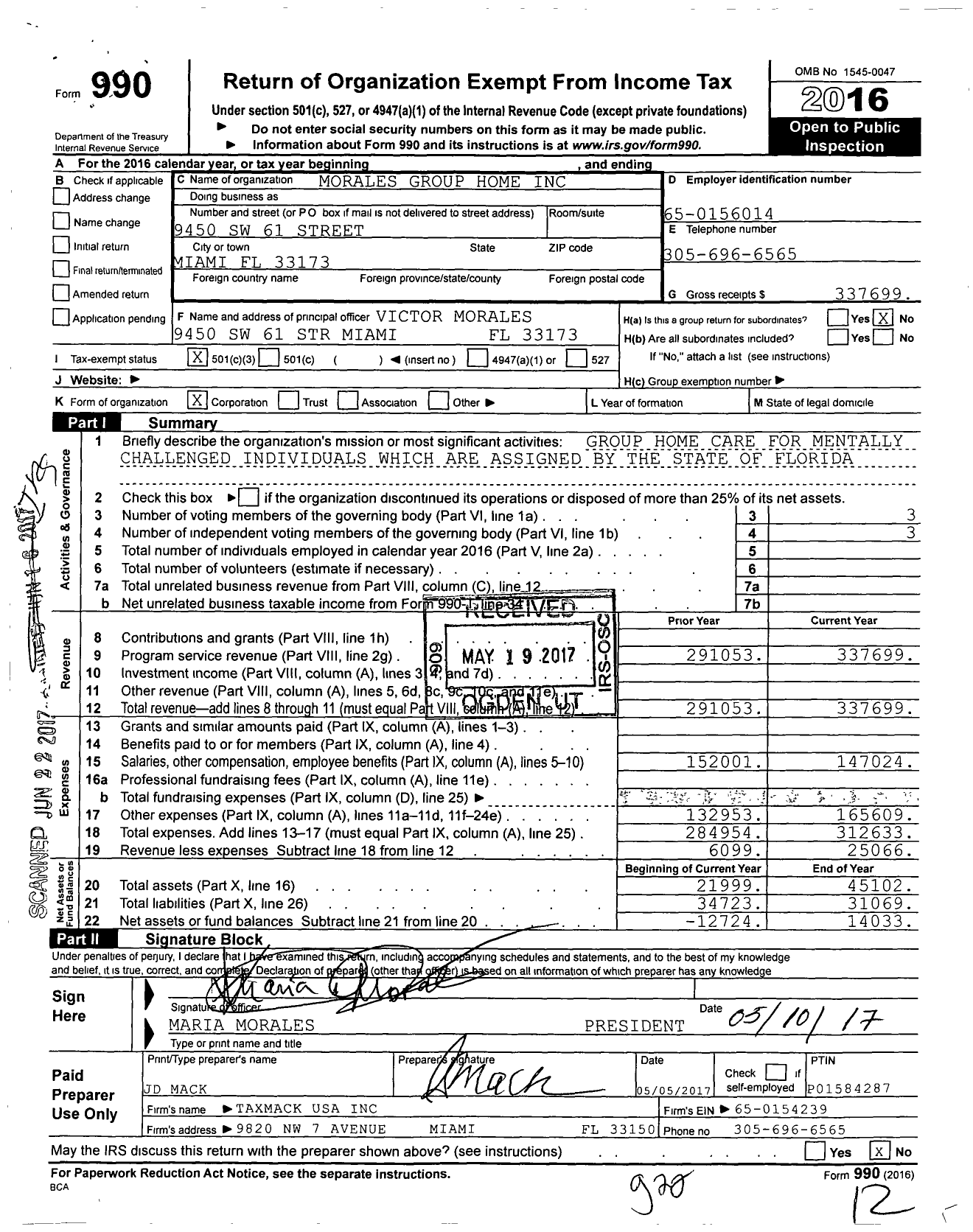 Image of first page of 2016 Form 990 for Morales Group Home
