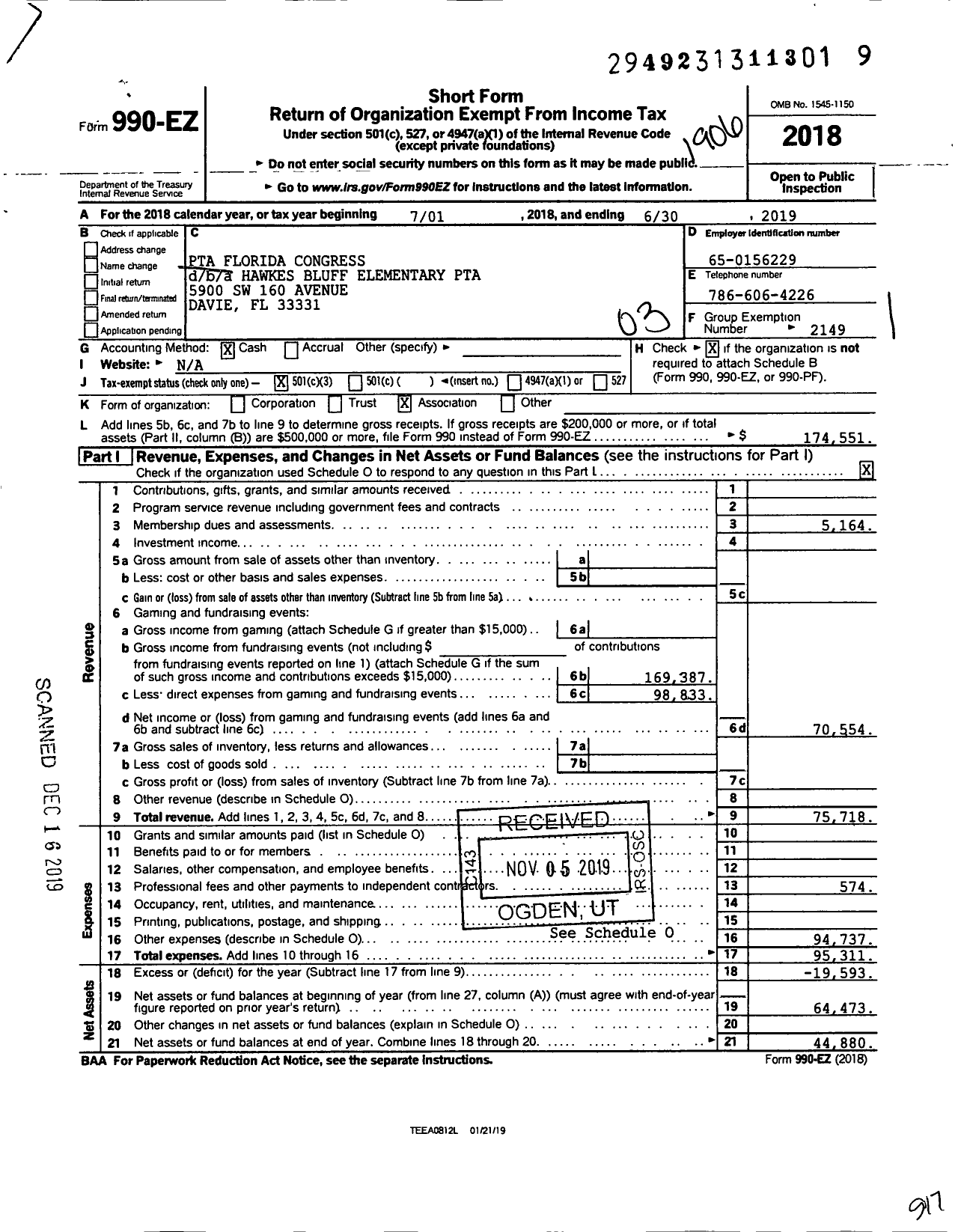 Image of first page of 2018 Form 990EZ for PTA Florida Congress - Hawkes Bluff Elementary PTA