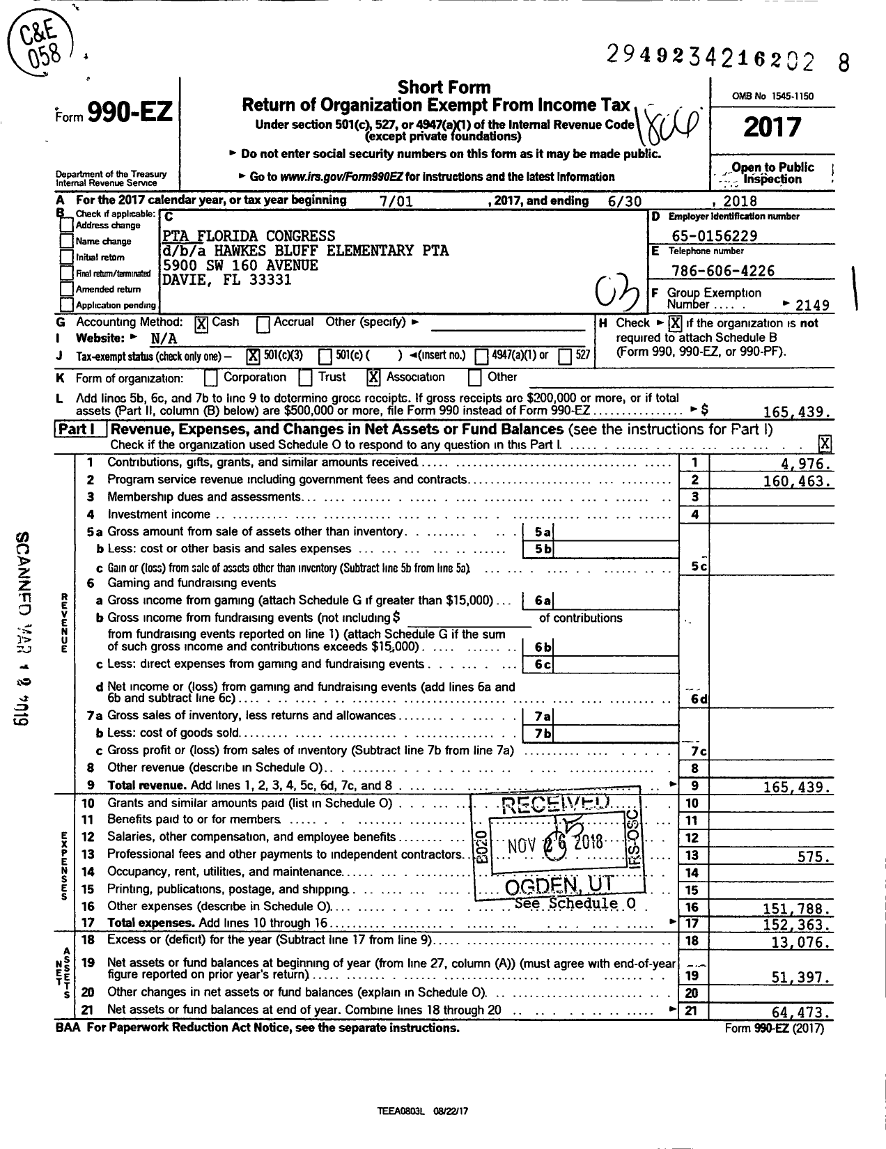 Image of first page of 2017 Form 990EZ for PTA Florida Congress - Hawkes Bluff Elementary PTA