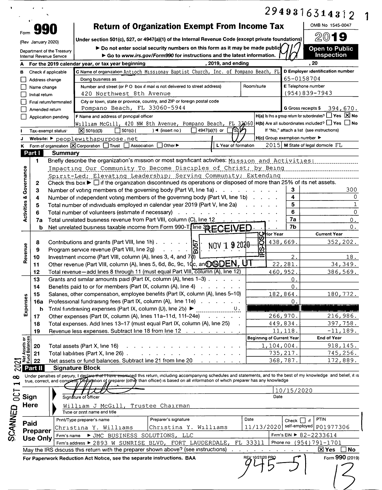 Image of first page of 2019 Form 990 for Antioch Missionay Baptist Church Inc of Pompano Beach FL