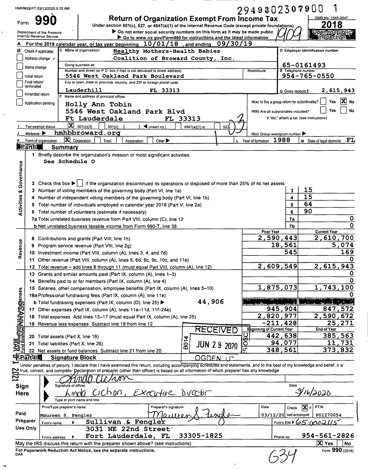 Image of first page of 2018 Form 990 for Healthy Mothers-Health Babies Coalition of Broward County